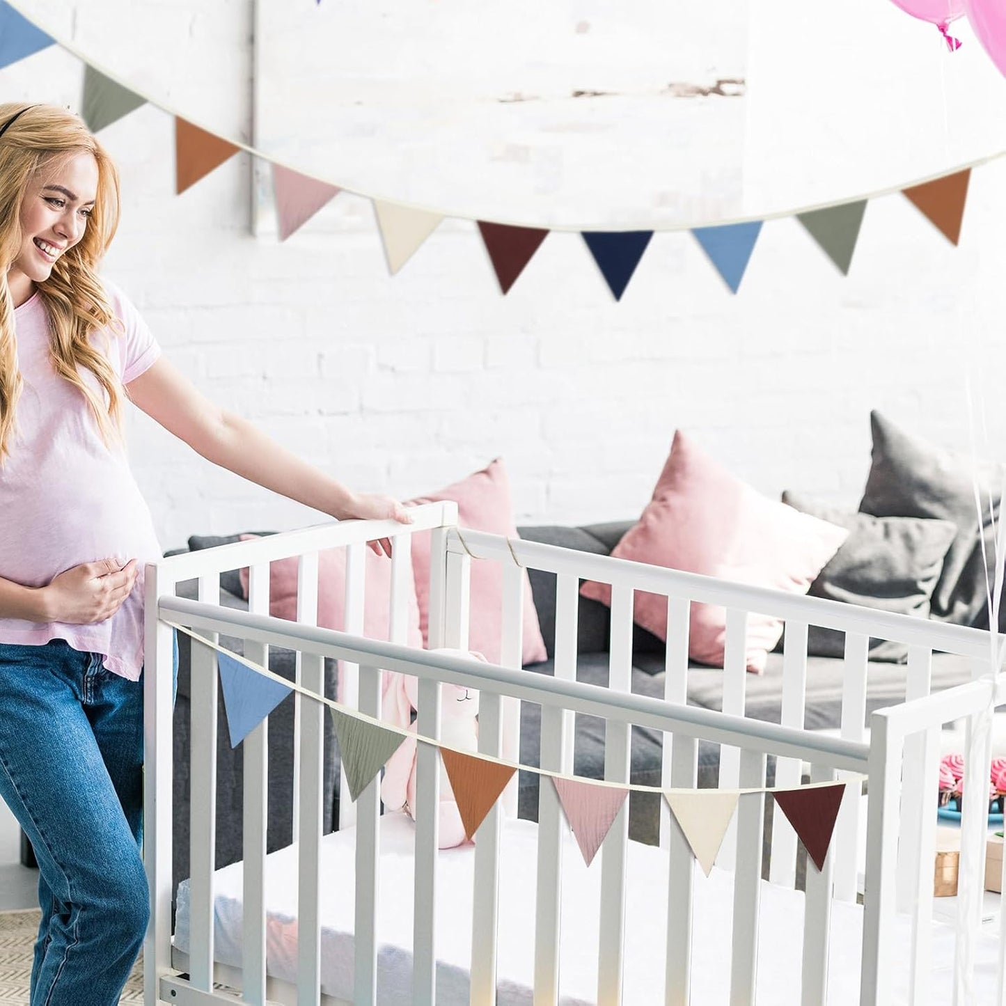 Oudain 15.5 ft Pennant Banner Flags, 2 Pcs Nursery Garland Triangle Bunting Flag Baby Banner for Nursery Decor Baby Birthday Boho Wedding Shower Party Event, Each 7.75 ft(Neutral Color)