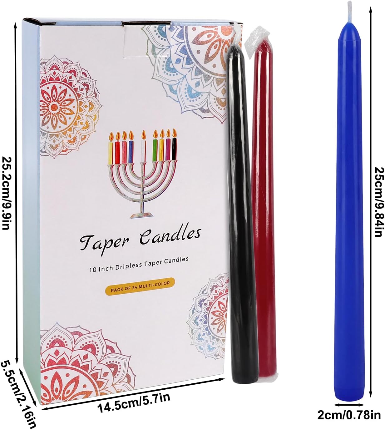 24 Pack 10" Tall Colored Taper Candles, Dripless Unscented Colorful Candlesticks for Birthdays Dinner Party Home Décor, Long Burning Spell Chime Candles for Meditation.