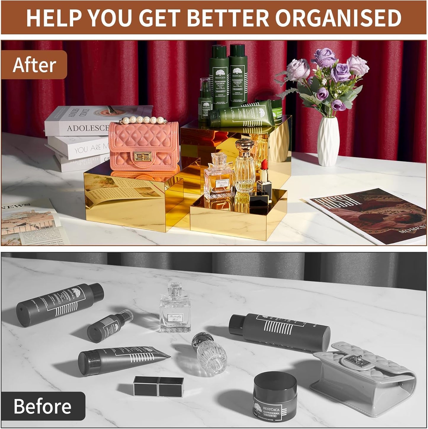 3 Pcs Acrylic Risers for Display, Acrylic Cube Boxes Gold Risers Food Display Risers Stand Shelf for Catering Dessert Collectibles Jewelry Figures Party (Gold 3pc)