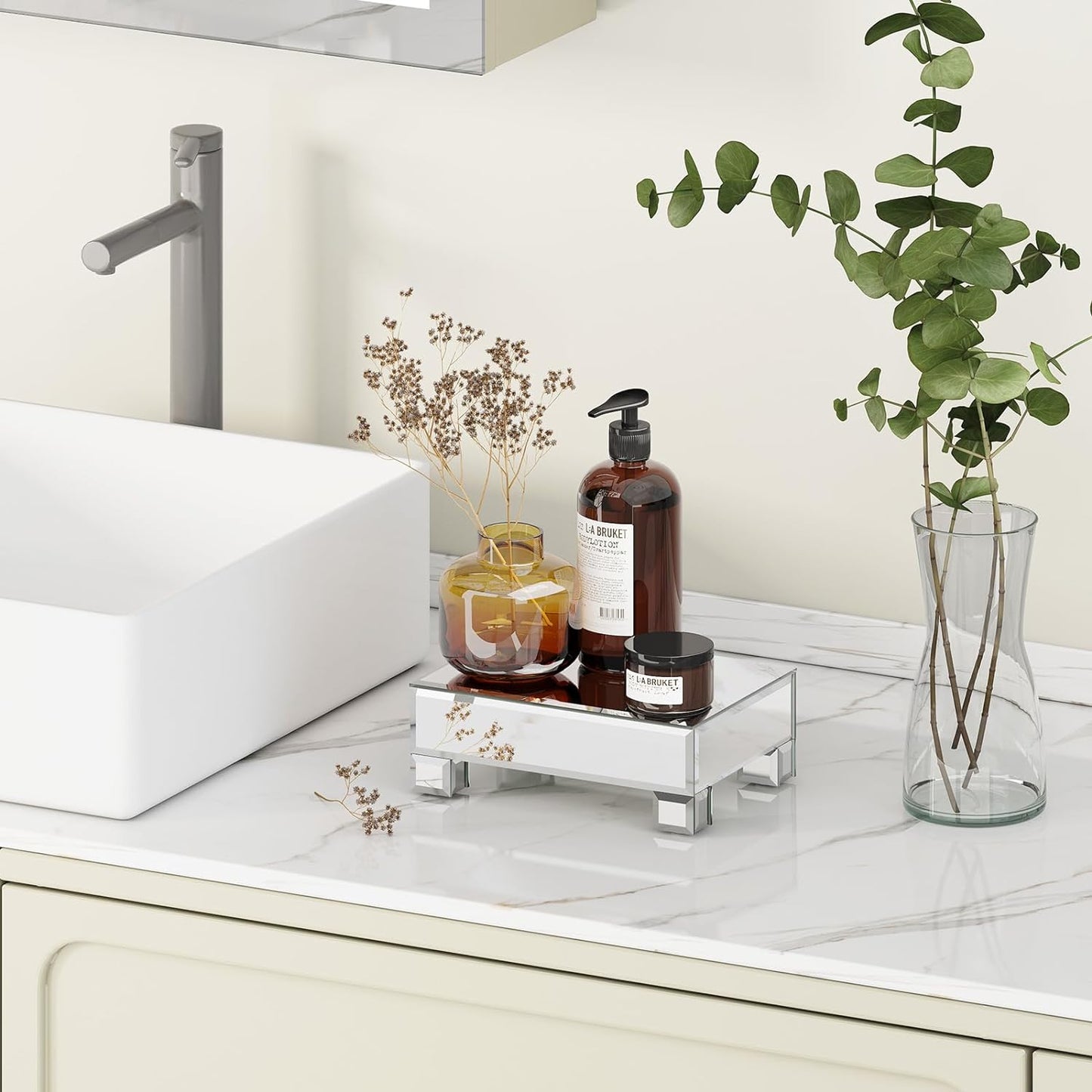 Mirrored Risers for Display, Tabletop Display Stand, Mirrored Perfume Tray for Vanity, Silver Soap Stand, Pedestal Stand, Glass Risers for Countertop, 8.6”W x 6”D x 3”H