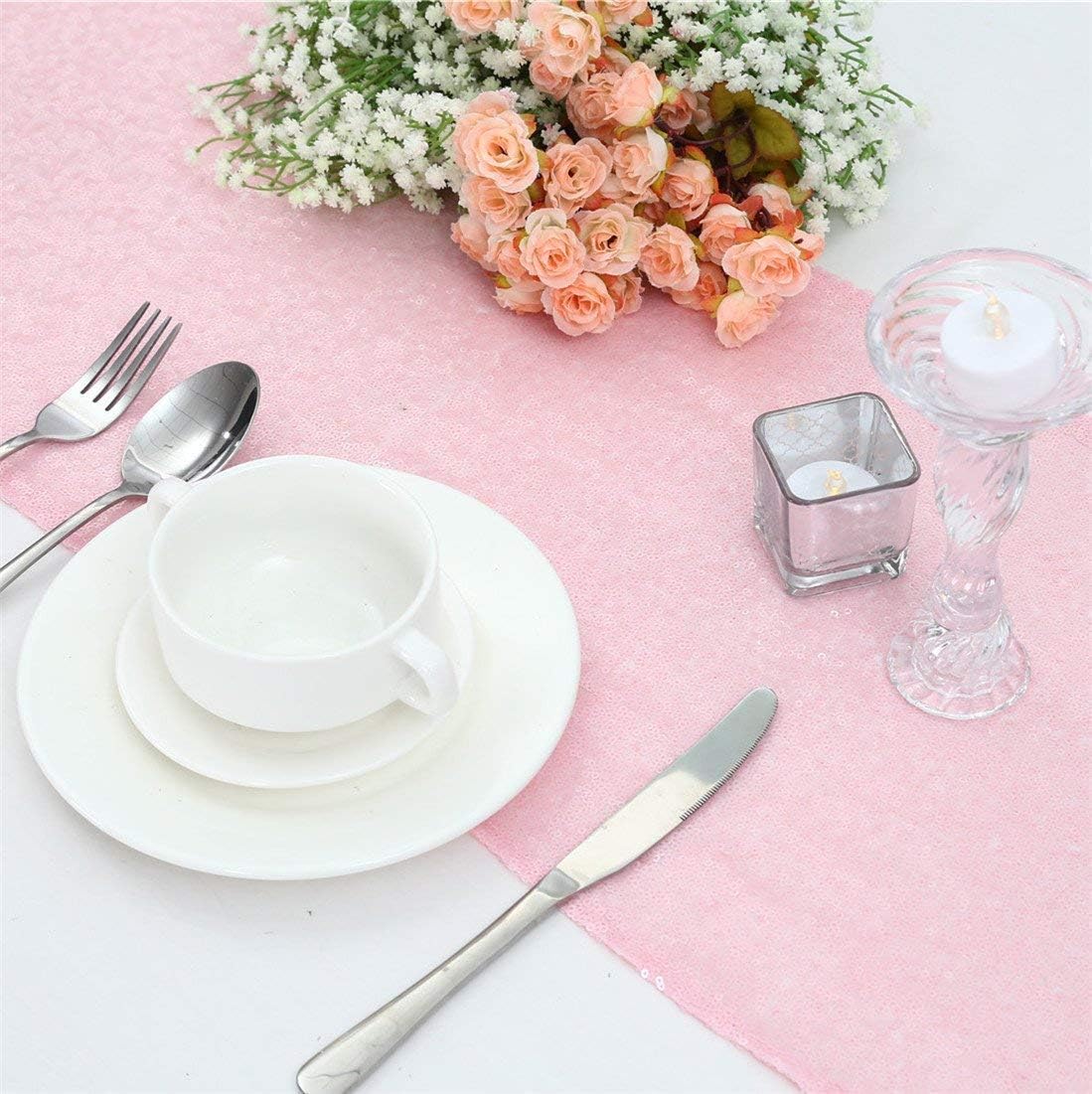 Pink Table Runners 10 Packs 12x108 Inches Glitter Table Runner Wedding Sequin Fabric for Birthday Bridal Baby Shower Engagement Party Decorations