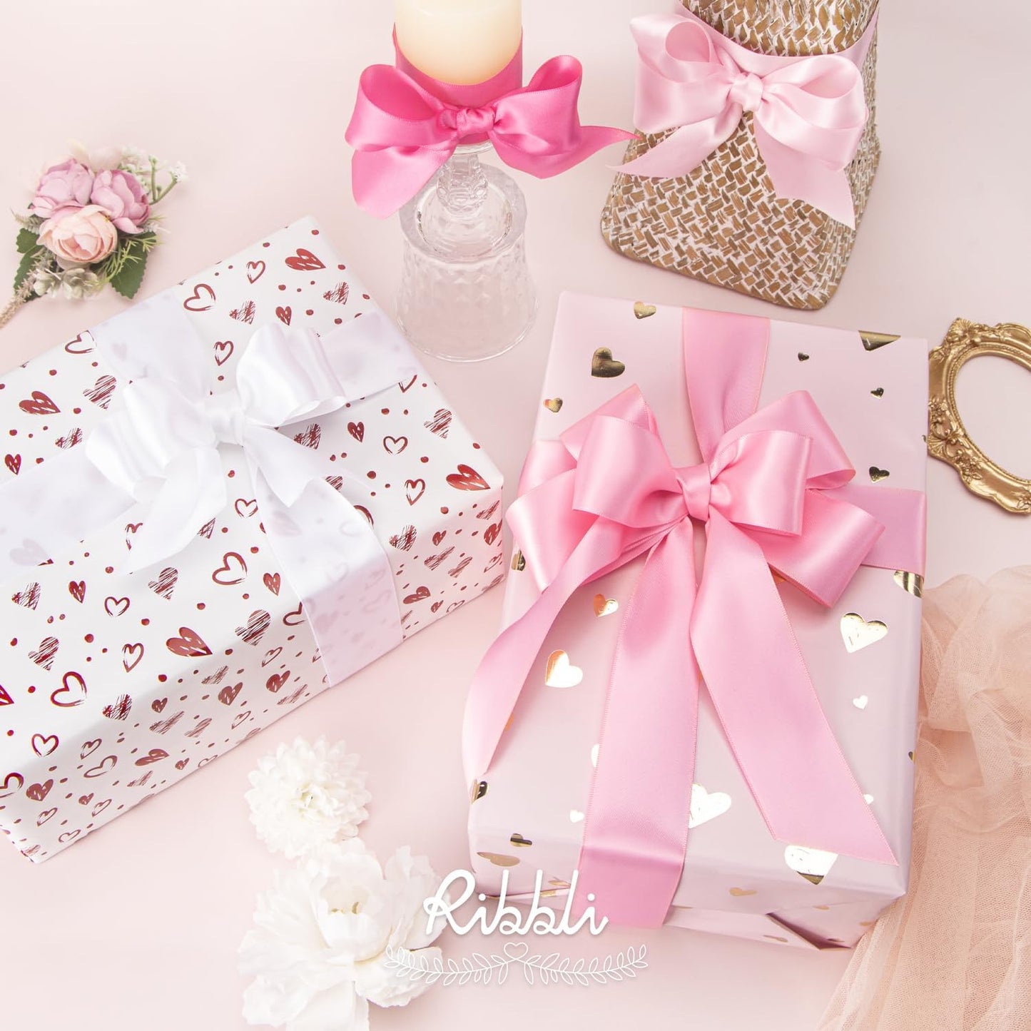 Ribbli Pink Satin Ribbon 1-1/2 Inch x 4 Rolls Total 40 Yards- White Pink Ribbon for Gift Wrapping Craft Wedding Decoration