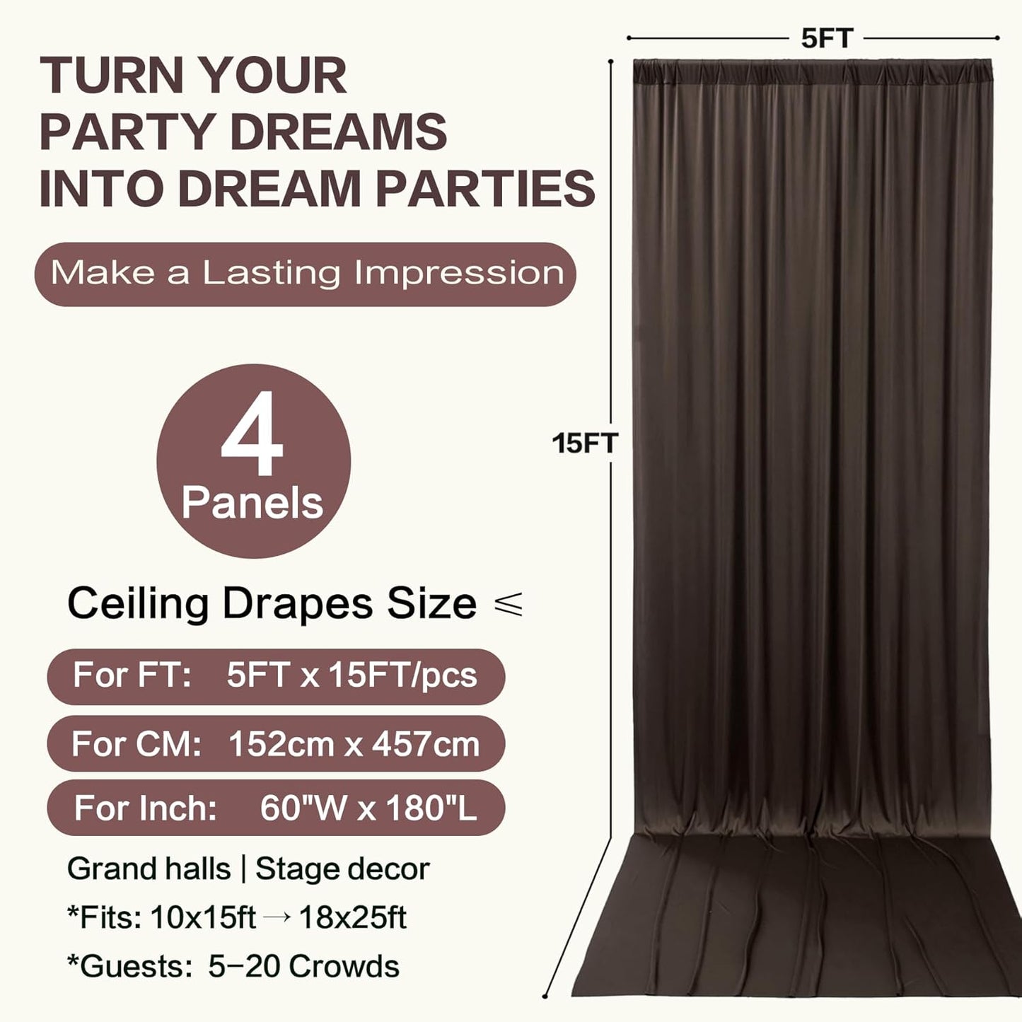 PartyVillage 20ft×15ft Brown Backdrop Curtain for Wedding Parties, 4 Panels Wrinkle Free 15 FT Long Polyester Photo Backdrop Drapes Back Drop Cloth for Birthday Photography Background