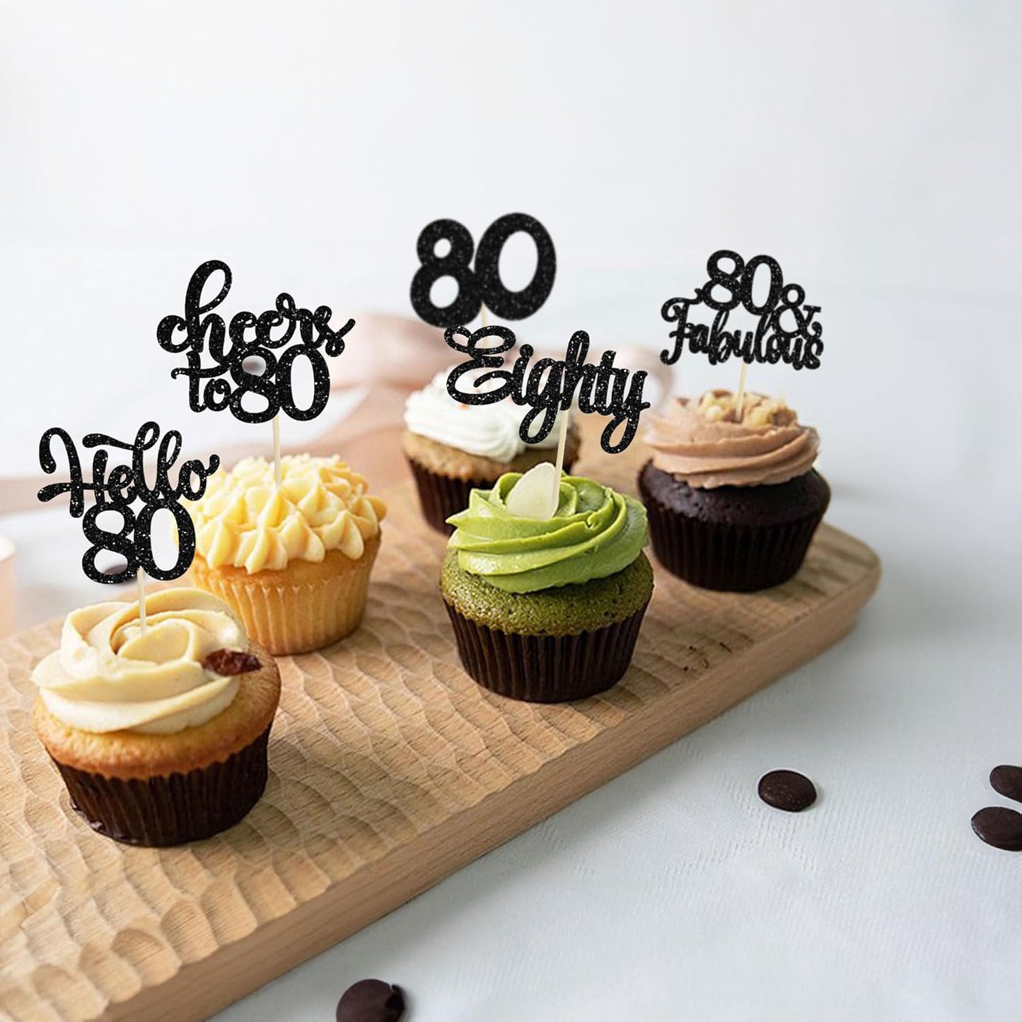 30pcs Happy 80th Birthday Cupcake Toppers - Eighty Cheers to 80 Years Old - Black Glitter