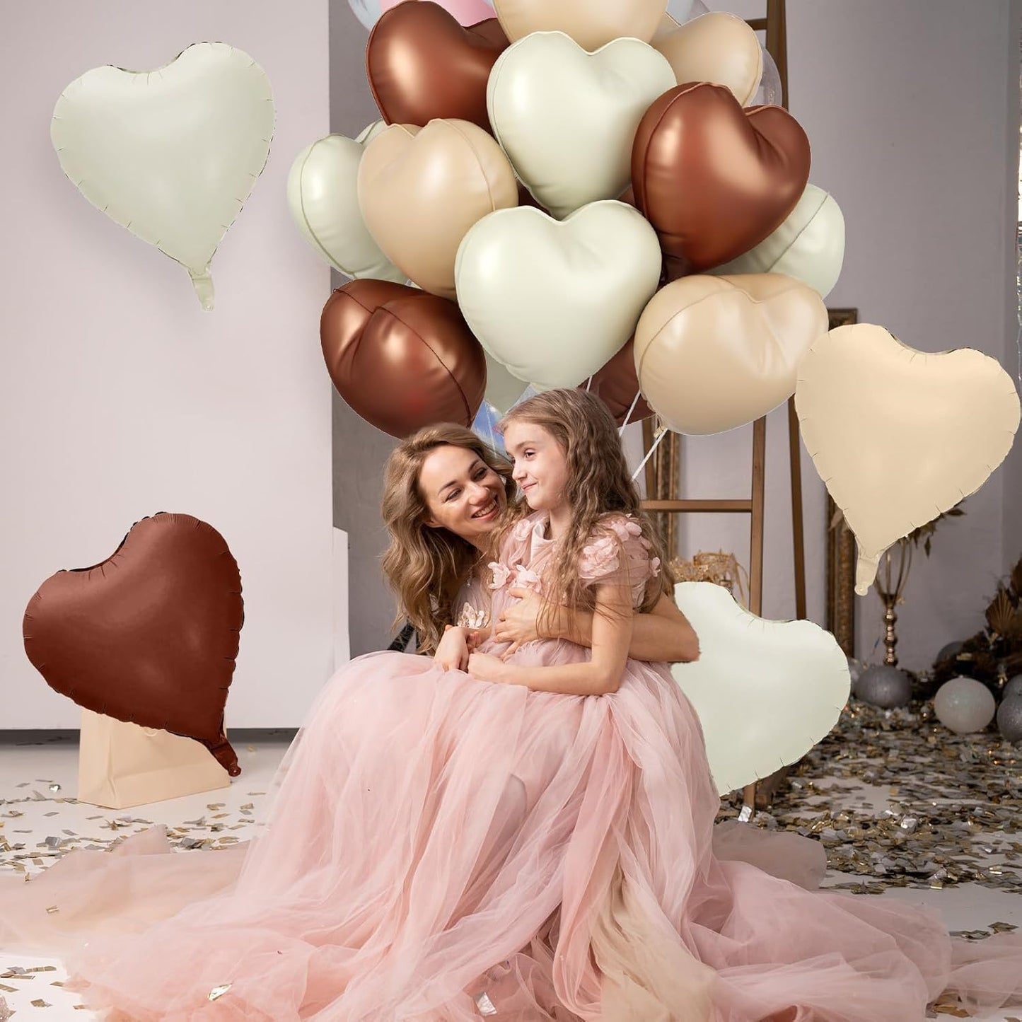 12 Pcs Heart Balloons, 18 inch Cream Brown Heart Shaped Balloons, Big Heart Helium Balloon, Neutral Foil Balloon for Wedding Baby Shower Anniversary Backdrop Valentine Party Decoration