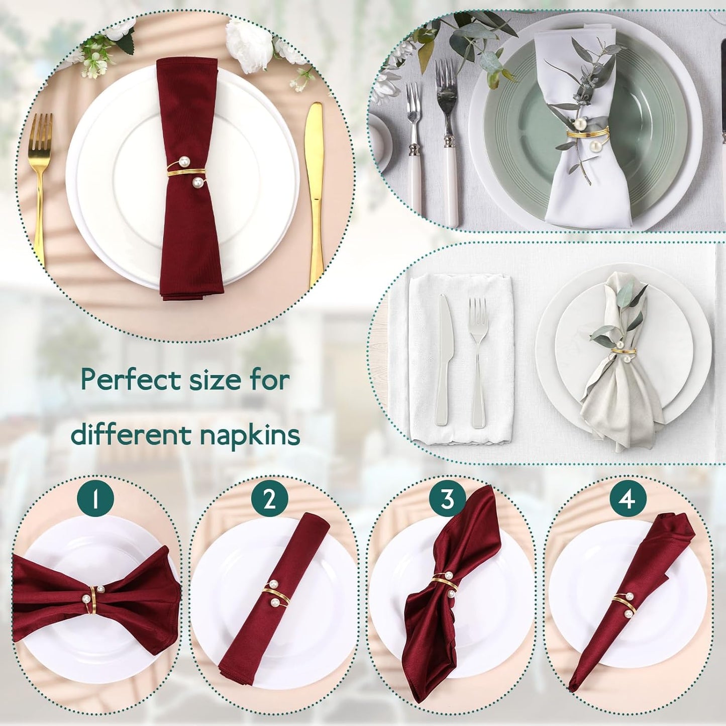 Elegant Pearl Napkin Rings, 50 Pcs Stylish Gold Napkin Ring, Delicate White&Gold Beaded Serviette Buckles for Wedding Thanksgiving Christmas Family Gathering Birthday Banquet Party Table Supplies