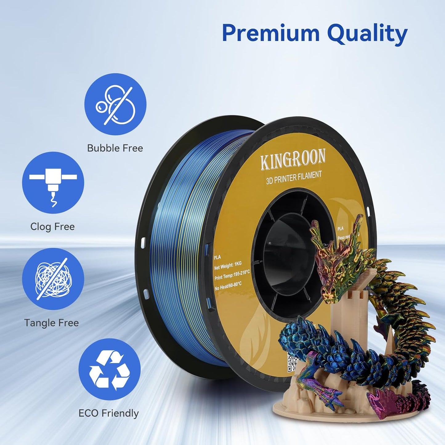 Kingroon Silk PLA Triple Color,3D Printer Filament,Pla Filament 1.75mm,Multicolor Filament 1KG,Dimensional Accuracy +/- 0.03mm,for Most FDM 3D Printer,Red Yellow Blue