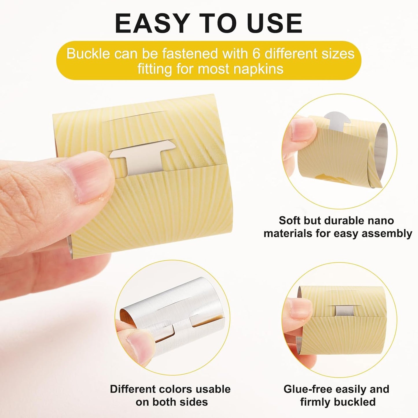 Polymer Material Reusable Napkin Band, Glue-Free Tear-Proof Water Resistant Oil-Proof Napkin Bands Set of 200(Front Gold Color and Back Silver), 6 Adjustable Sizes Napkin Rings