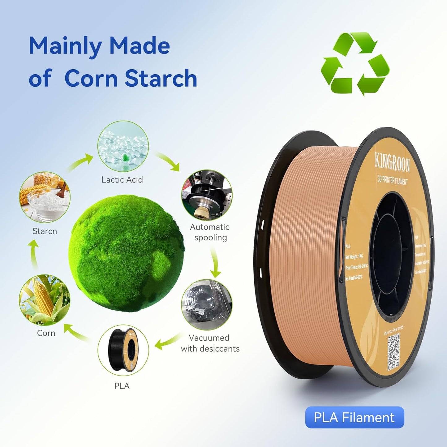 Kingroon PLA Filament 1.75mm 3D Printer Filament 1kg Pla Filament Dimensional Accuracy +/- 0.02mm, Fit Most FDM Printer,Skin