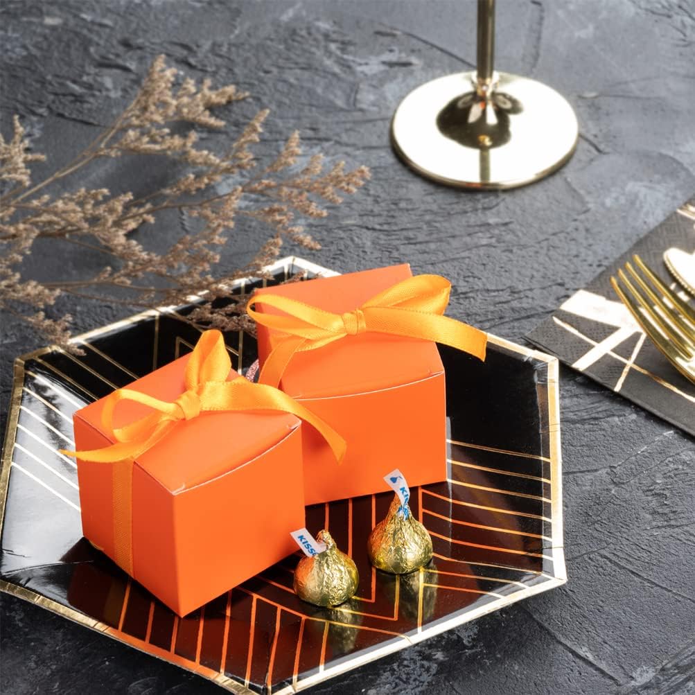 AWELL Orange Gift Candy Box Bulk 2x2x2 inches with Orange Ribbon Party Favor Box for Graduation Halloween Party,Pack of 50