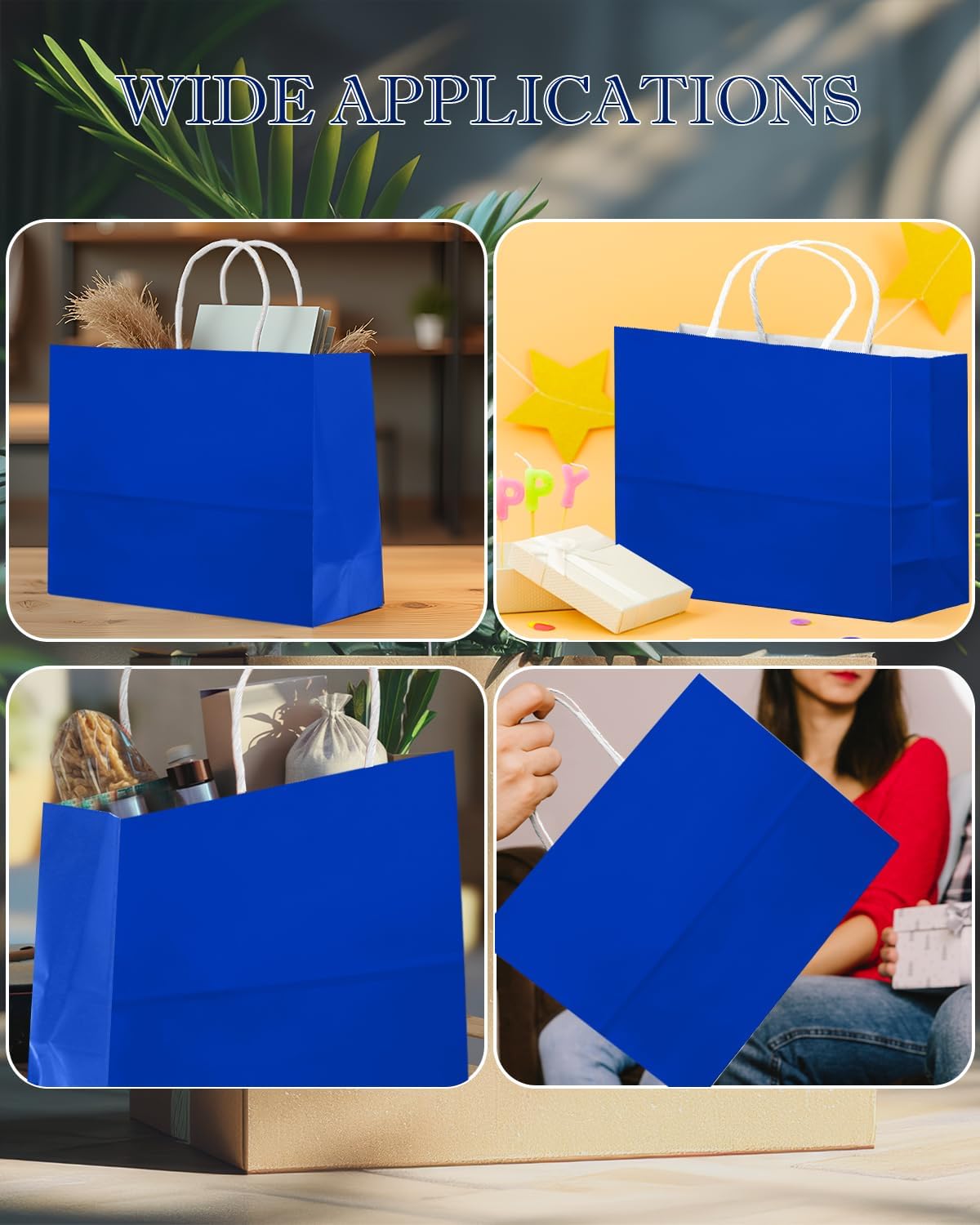 qiqee 50-Packs Diamond Blue Paper Gift Bags with Handles Bulk 12.6"x4.3"x10" Wide Large Size Party Favor Bags Multiple Uses