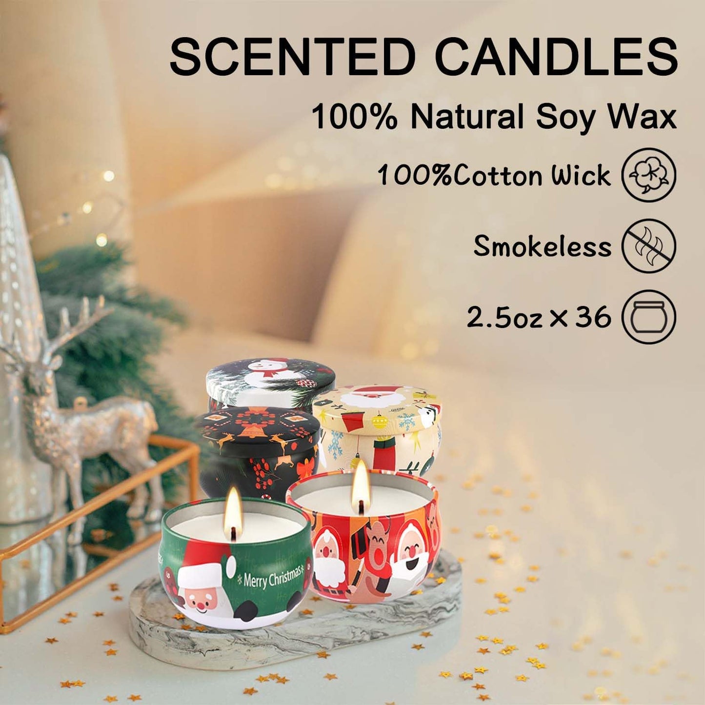 36Pack Christmasc Sets,Long Burning,2.5oz Natural Soy Wax with Essential Oils Decorative Aromatherapy Candles for Christmas,Thanksgiving Gift, Home Scented