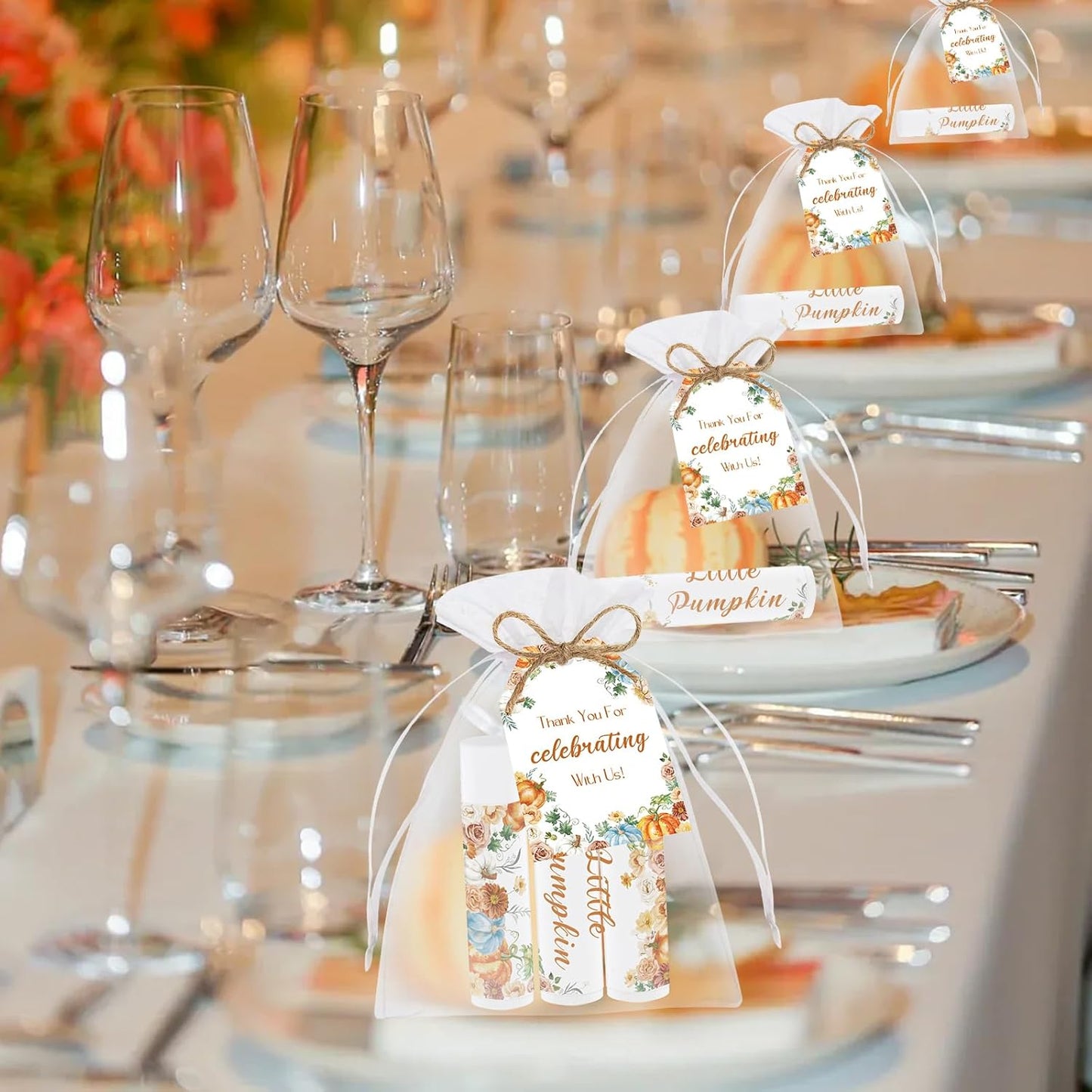 50 PCS Baby Shower Lip Balms for Guests, Boys Girls Neutral Gender Reveal Baby Shower Party Favors with Thank You Card Tags Thanksgiving Decorations Pumpkin Flower