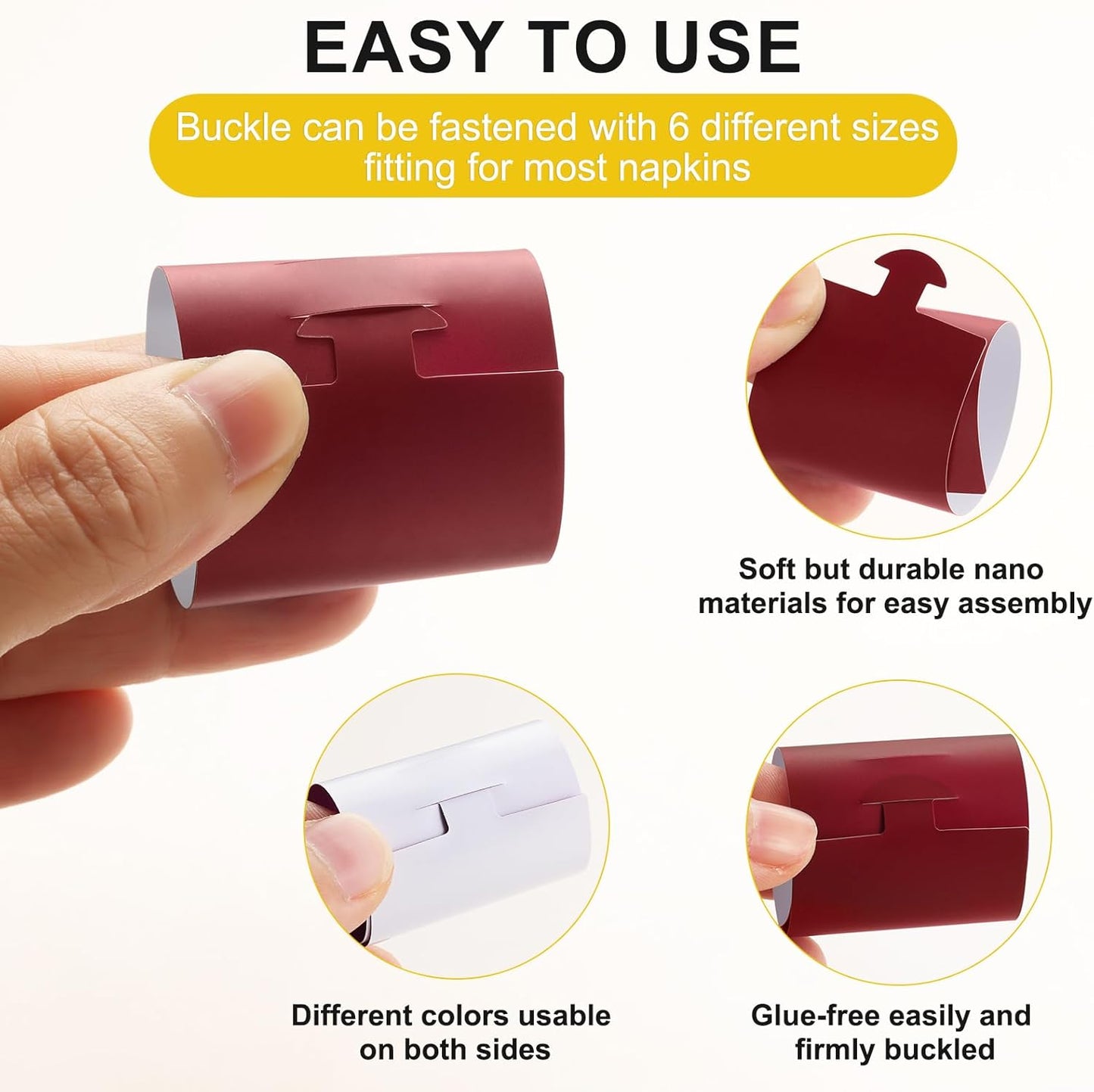 Polymer Material Reusable Napkin Band, Glue-Free Tear-Proof Water Resistant Oil-Proof Napkin Bands Set of 50(Front Burgundy Color and Back White), 6 Adjustable Sizes Napkin Rings