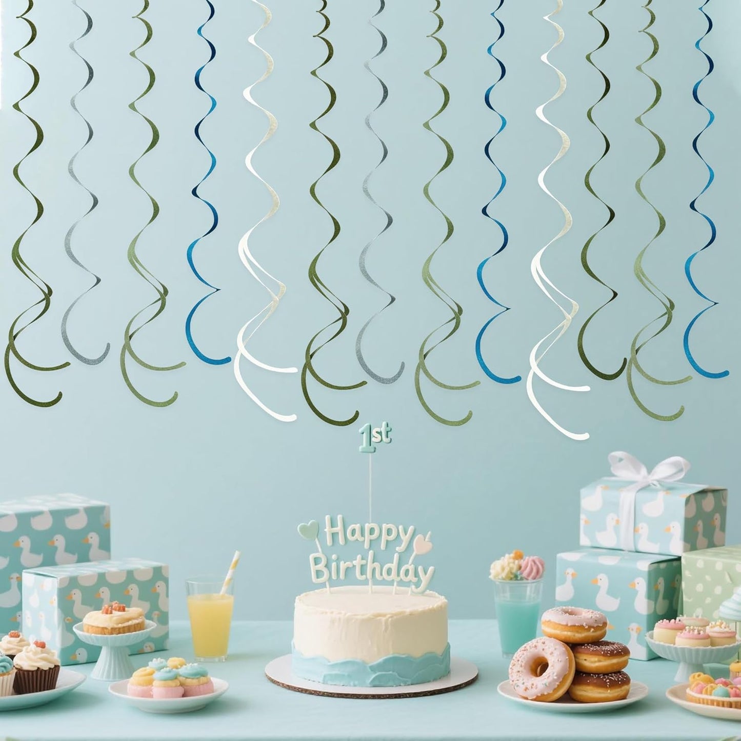 36 Pcs Sage Green Dusty Blue Hanging Swirl Decorations Blue Sage Green Felt Swirl Streamer Spiral Ceiling Garland for Baby Shower Birthday Retirement Wedding Safari Silly Goose Theme Party Supplies