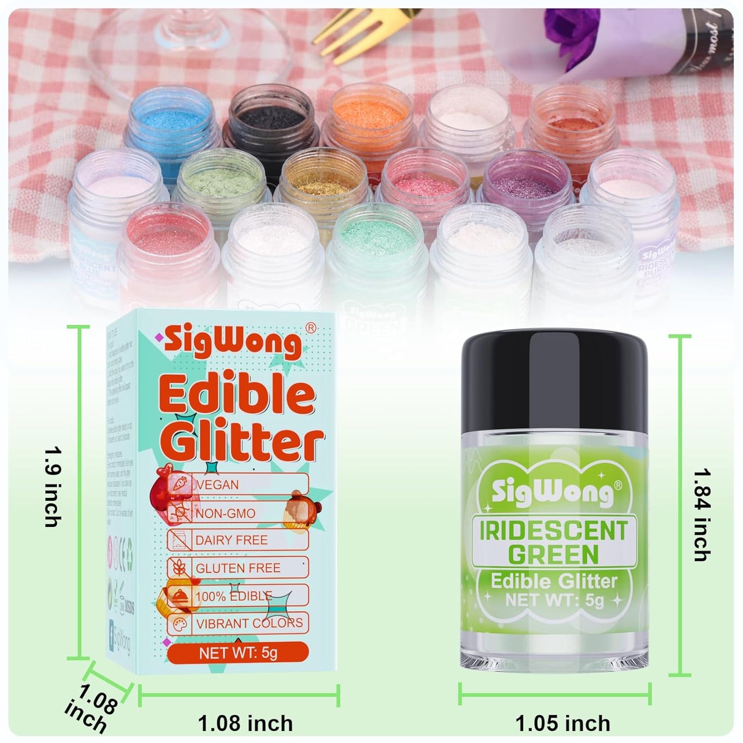 Iridescent Green Edible Glitter - 5g Food Grade Cake Decorating Shimmering Glitter, Edible Sprinkle Luster Dust for Drinks, Chocolates, Fondant, Strawberries, Cupcakes, Candy, Cookie - Vegan