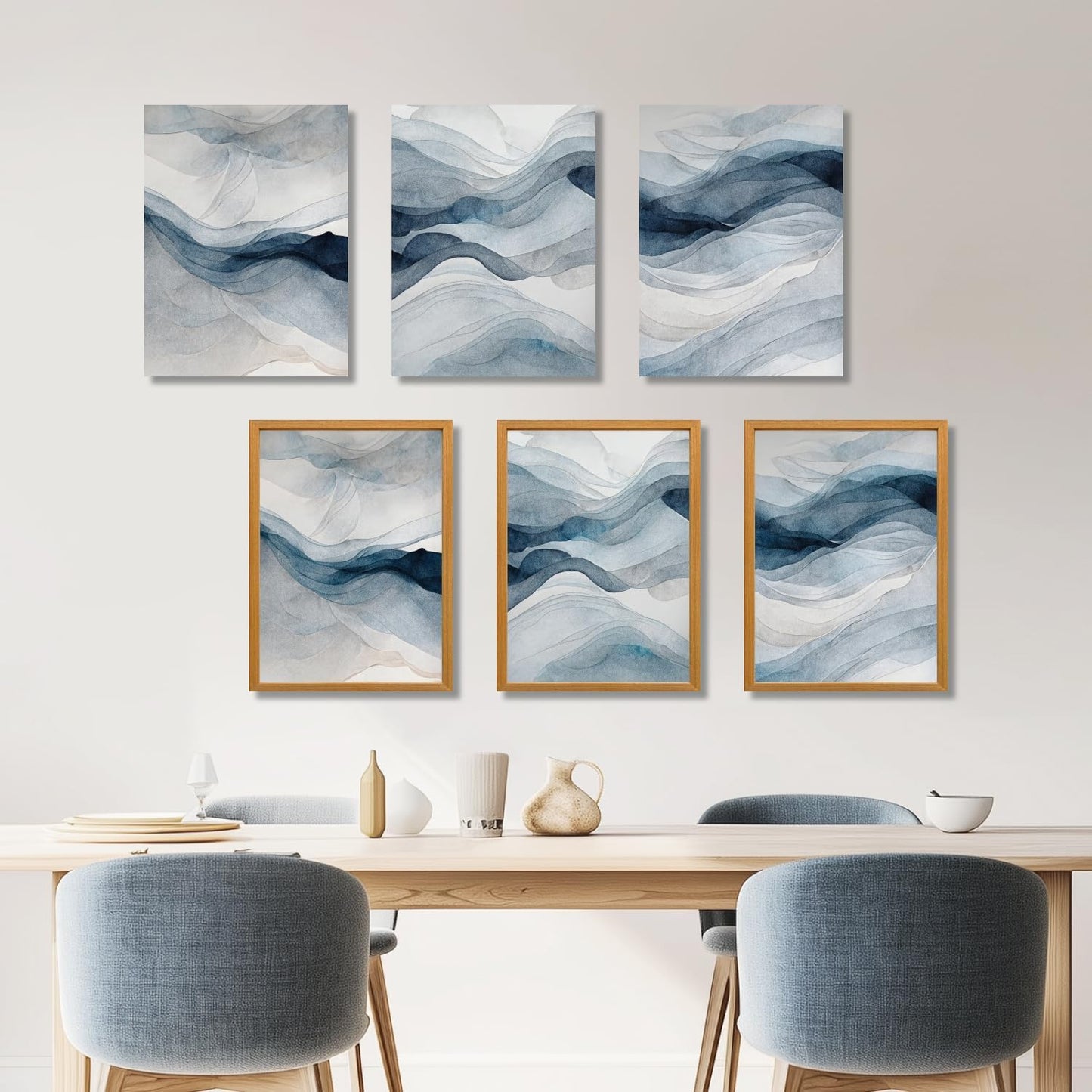 IAFWZX Framed Blue Gray Abstract Wall Art, Modern Minimalist Waves Wall Decor, Neutral Watercolor Line Canvas Paintings, Navy Blue Watercolor Poster Prints for Bedroom Living Room Office 12"x16"x3