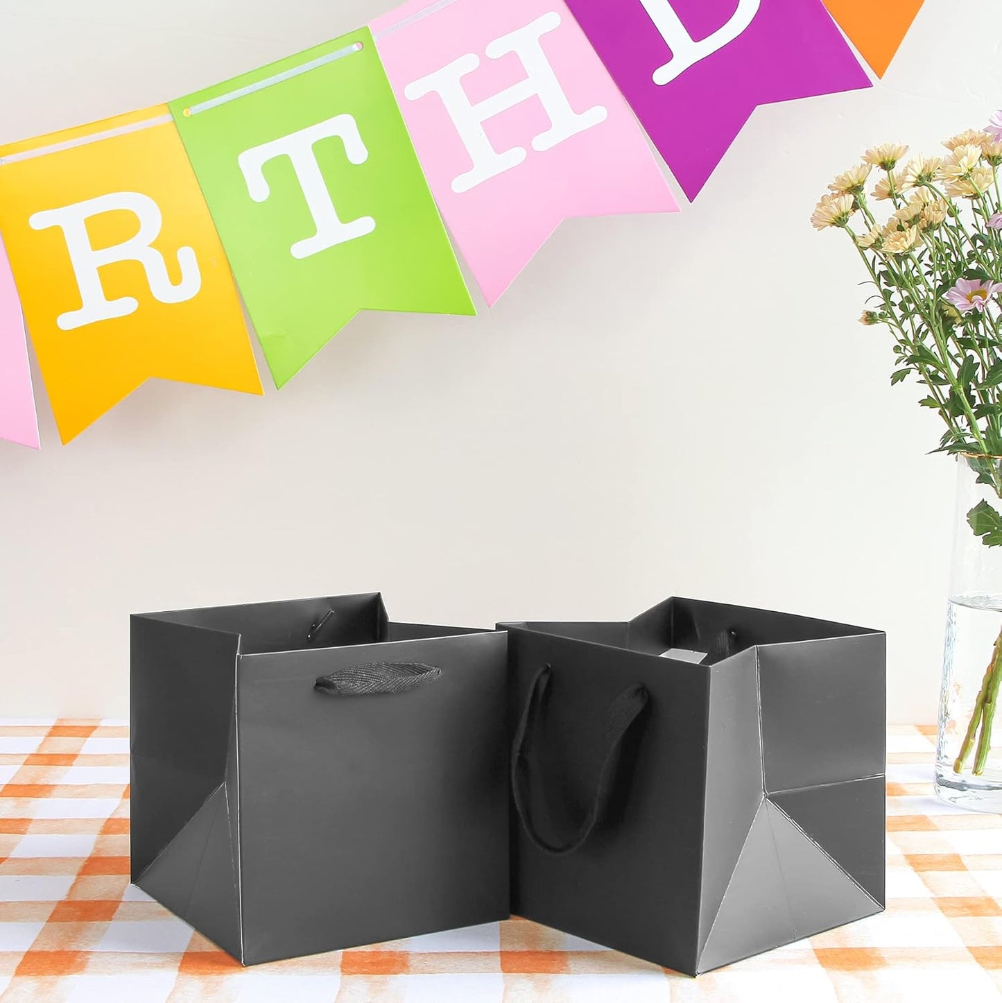 Black Paper Gift Bag 10 in Paper Gift Box Square Bottom Kraft Paper Bags with Handles for Wedding Baby Shower Birthday Party (Black, 10 x 10 x 10 in, 10 CT)