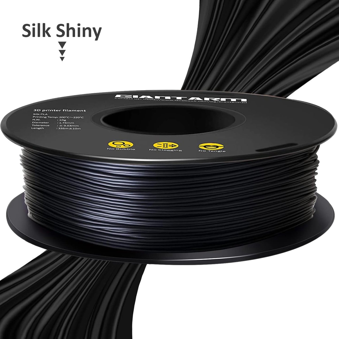 GIANTARM 3D Printer Filament, Silk Black Pla Filament, 1Kg(2.2lbs) Spool, 1.75mm Dimension Accuracy +/- 0.03mm, 3D Printing Filament