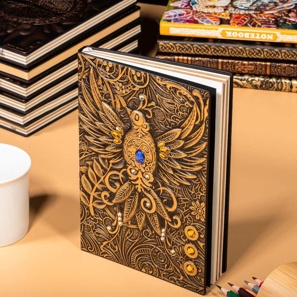 molshine A5 (5.5" x 8.3") Embossed Journals Vintage Notebook,Retro Leather Bronze Diary,100 Sheets Paper,Hardcover Travel Notepad for Writing,Sketchbook,Collection,Gift,Decoration, Phoenix(Bronzed)