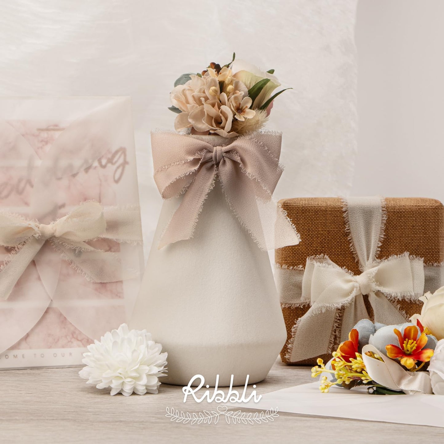 Ribbli Nude Ribbon 1 Inch x 3 Rolls Total 24 Yards Cream/Nude/Beige Handmade Fringe Chiffon Silk Ribbon for Wrapping Wedding Invitations Bridal Bouquets DIY Crafts Home Decor