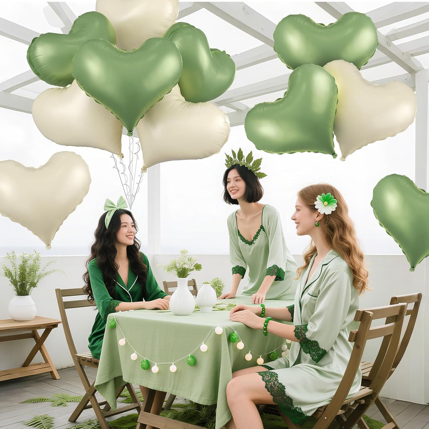 Green Cream White Heart Balloons,24Inch Heart Foil Balloons for Valentine's Day Birthday Wedding Baby Shower Anniversary Party Decorations