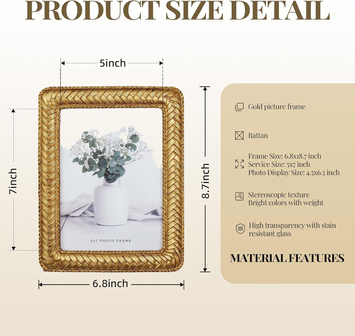 Cuspin 5x7 Gold Picture Frame, Ornate Decorative Rattan Resin Photo Frame, Gold Frames Braided Design for Tabletop Display or Wall Hanging, Elegant Home Decor