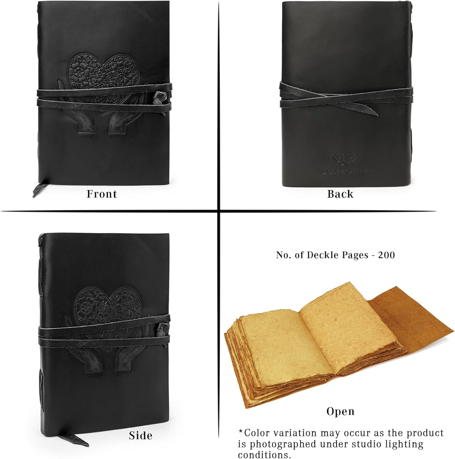 LUXEORIA Heart Journal for Women and Men, Handcrafted Leather Journal for Writing Womens, Sketchbook, Travel Diary with Unlined Deckle Paper, Black 7x10