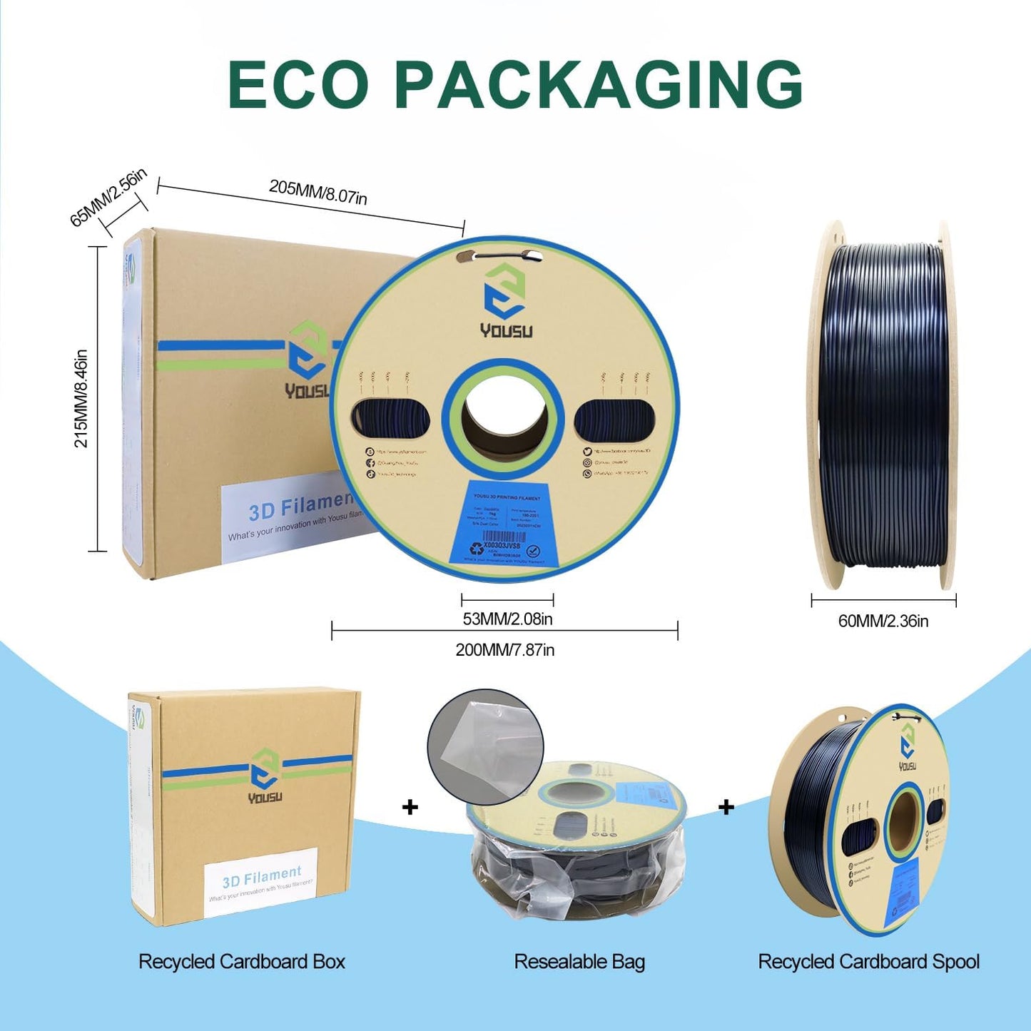 YOUSU PLA Filament 1.75mm, 3D Printer Filament Silk Black Blue Color Changing Filament 3D Printing Gradient Filament 1.75 +/-0.02mm, 1kg.