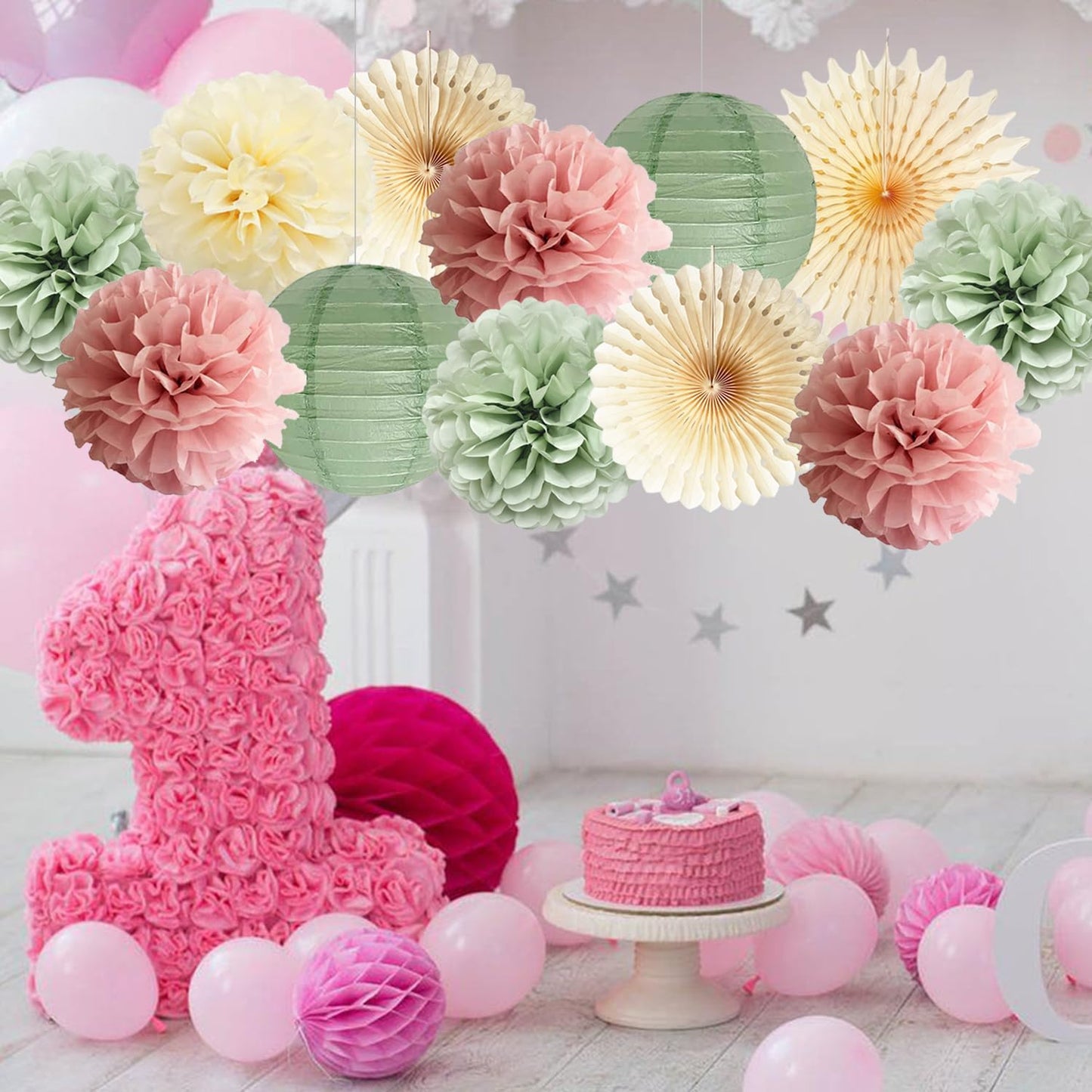 Dusty Pink and Sage Green Party Decorations Dusty Rose Sage Green Tissue Pom Poms Paper Lanterns Confetti Dots Scatter Table Decoration for Women Girls Birthday Party Wedding Baby Shower Engagement