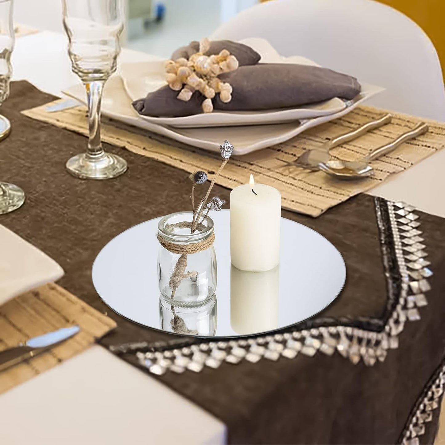 VASUHOME 12" Round Mirror Centerpieces for Tables, Glass Circle Mirror Plates with Smooth Edge and Cushioned Feet, Ideal for Wedding and Party Decorations, 2mm Thick
