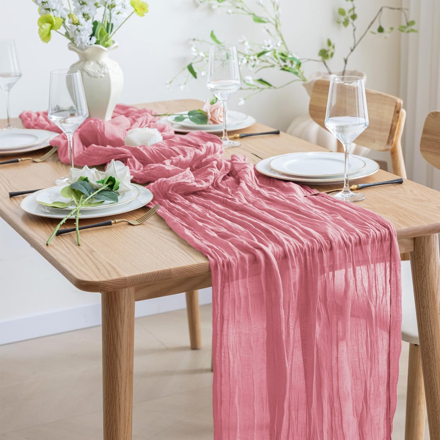 Asee'm 12pcs Cheesecloth Table Runner 120 Inches Dusty Rose Boho Gauze Cheese Cloth Runner 10FT Rustic Sheer Table Runners for Summer Wedding Baby Shower Holiday Party Decoration