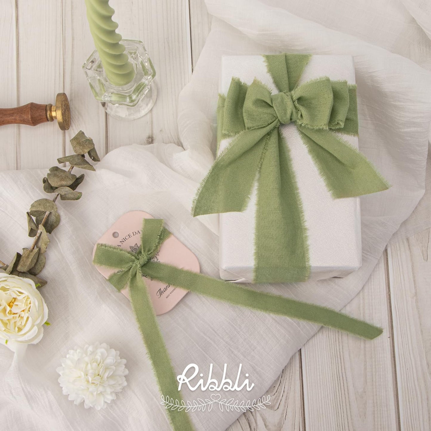 Ribbli 3 Rolls Sage Green Ribbon 1.5 Inch x 18Yards Handmade Cotton Frayed Fringe Ribbons for Gift Wrapping Wedding Invites Bridal Bouquets Baby Shower DIY Crafts Home Decor