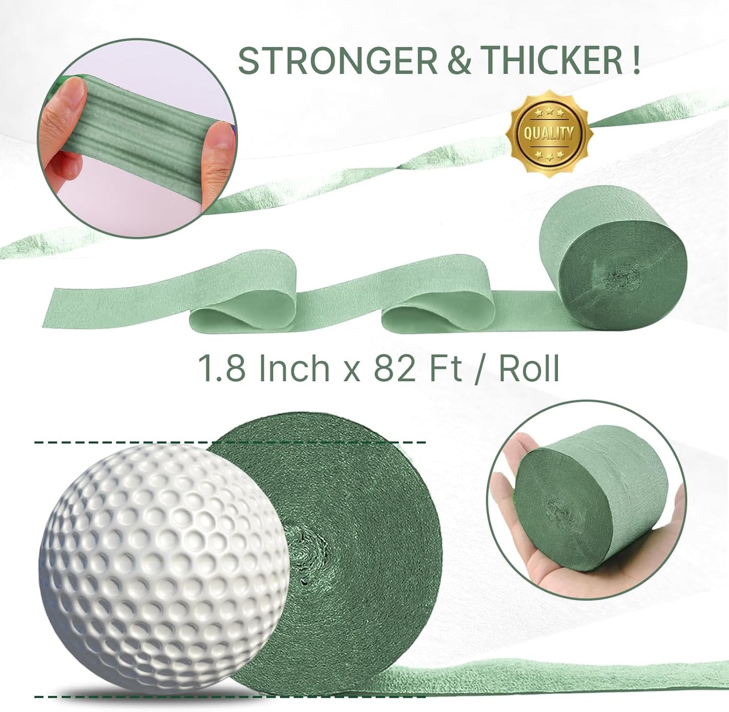 PartyWoo Sage Green Crepe Paper Streamers 4pcs 328ft Pack of Oliver Eucalyptus Green Sand White Crepe Paper Streamers for Birthday Baby Shower Woodland Dinosaur Jungle Football Party Decorations