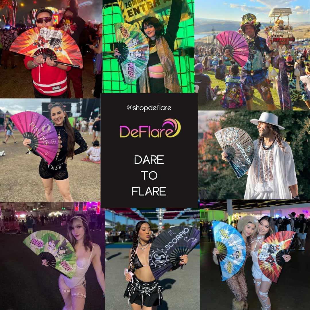 DeFlare | Cosmic Zodiac Rave Fan | Zodiac Sign Hand Fan | Astrology Rave Fan | Hand Fan | Large Rave Fan | Large Clacking Fan