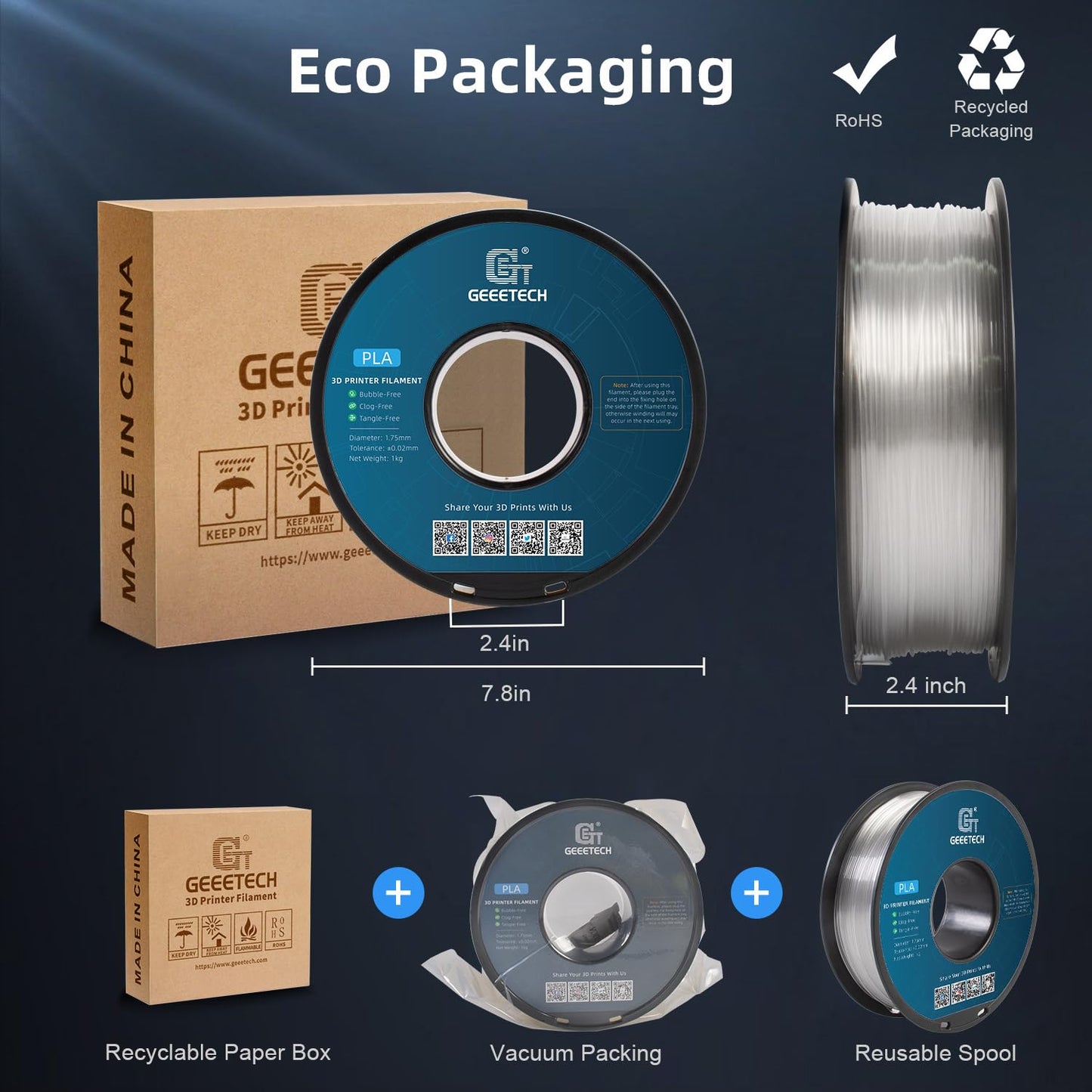 Geeetech Clear PLA Filament 1.75mm, Excellent Transparency, Neatly Wound 3D Printer Filament 1kg(2.2lbs), Dimensional Accuracy +/- 0.02 mm, Fit Most FDM 3D Printers