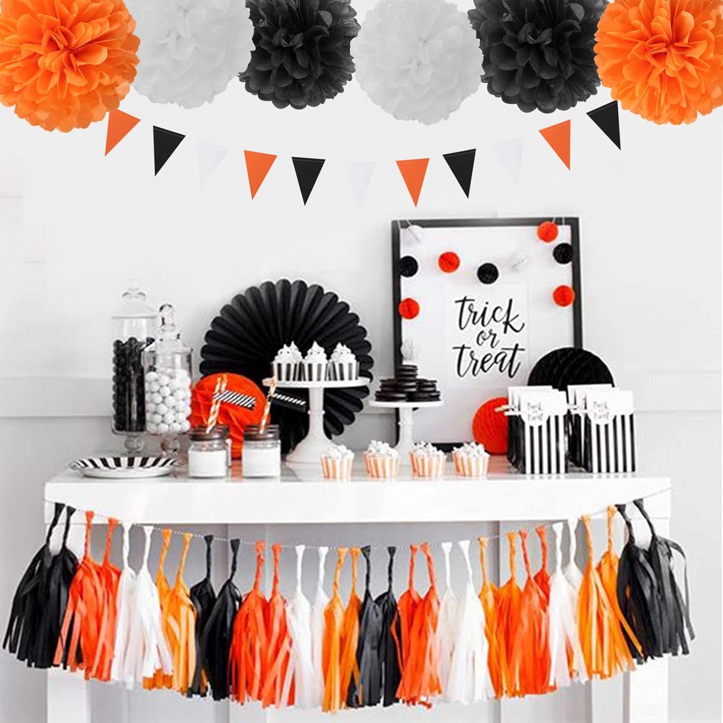 Black White Orange Halloween Party-Decorations - 23pcs Tissue Pom Poms Streamers,Tassel Garland Banner,Graduation 2025 Birthday Wedding Baby Bridal Shower Decor Bunting Lasting Surprise