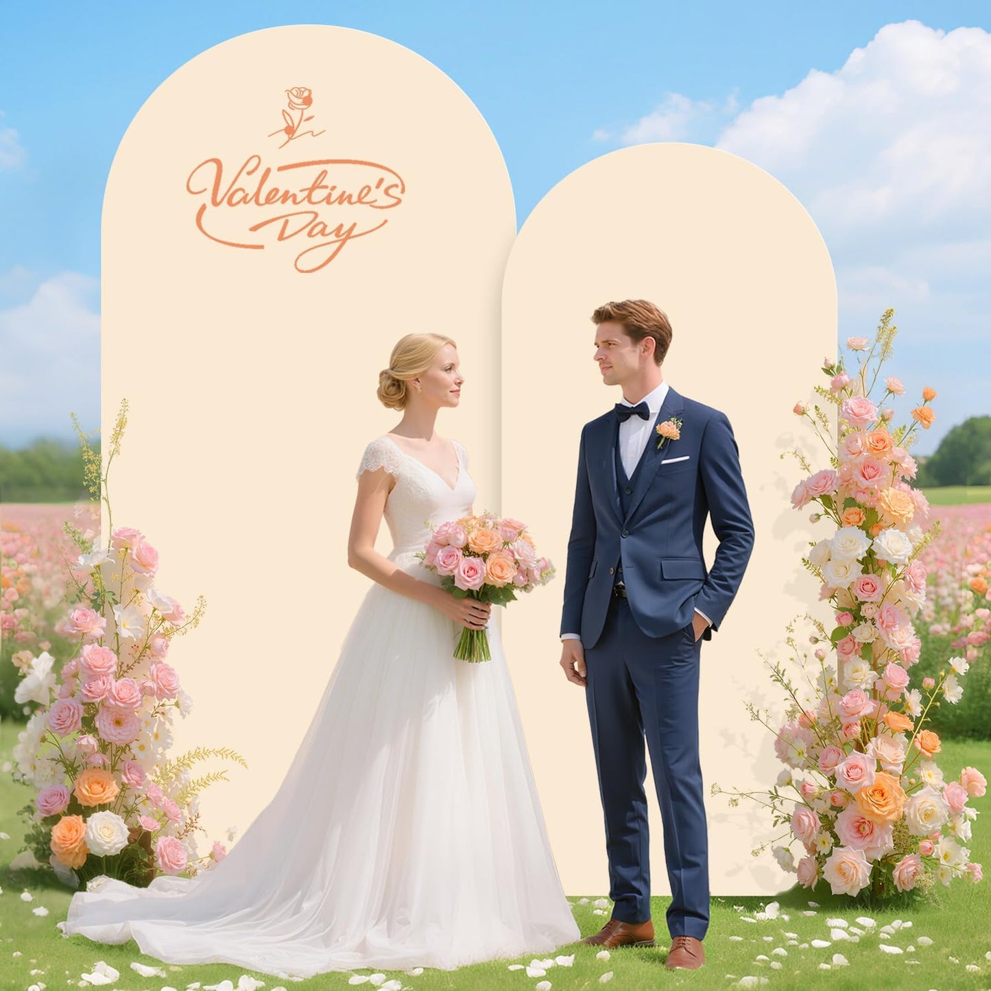 Arch Backdrop Stand with Beige Spandex Arch Cover Set of 2 6FT 7.2FT Spandex Fitted Stretchy Arch Covers for Party Gold Metal Backdrop Stand for Wedding Baby Shower