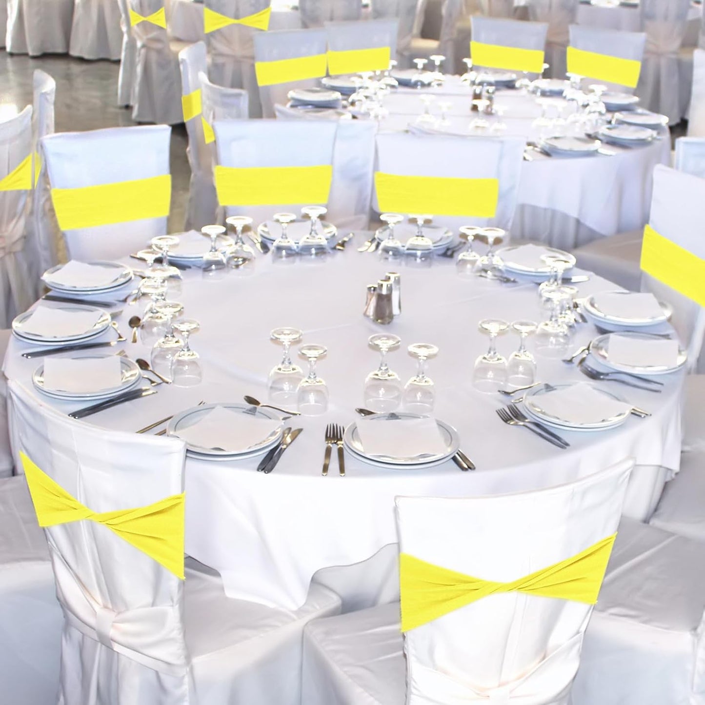 Kinlop 50 Pcs Spandex Chair Sashes Bows Chair Bands Slider Sashes for Covers Elastic Bands Ties Without Buckle Decorations for Wedding Party Events Ceremony Birthday(Yellow)