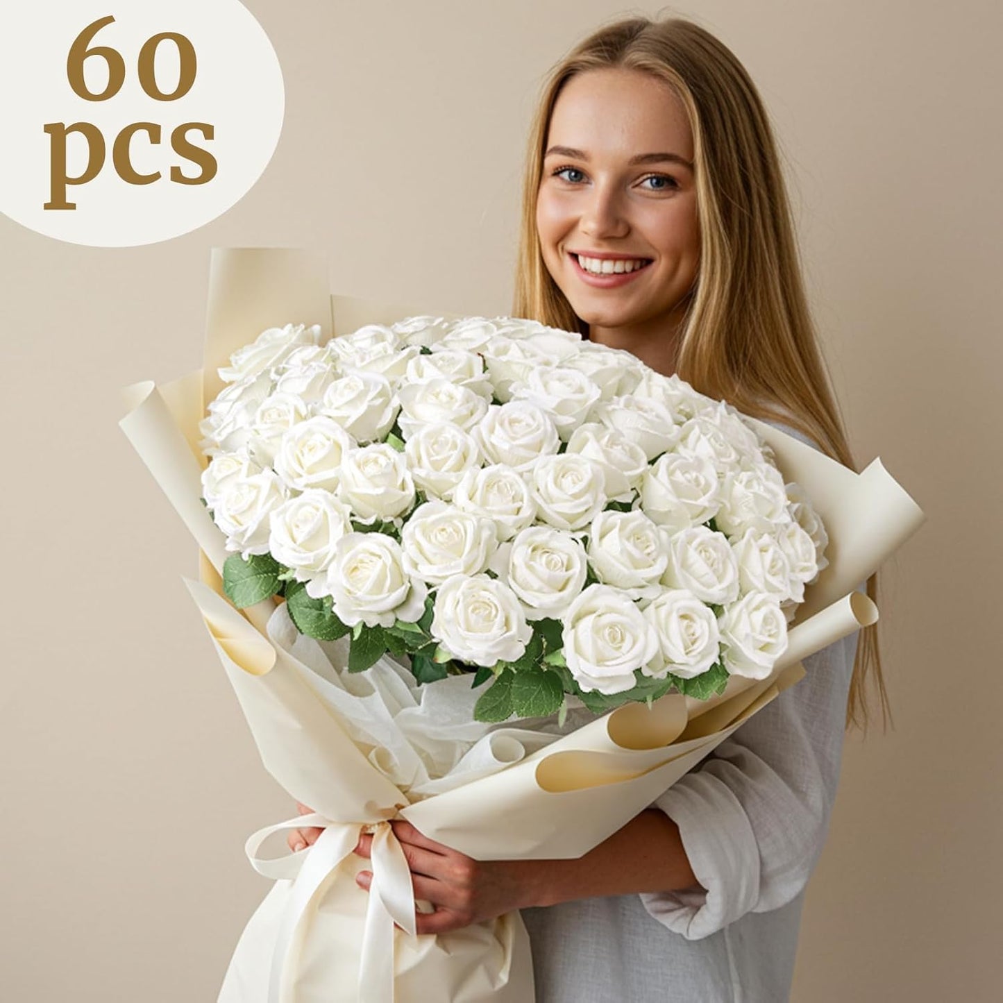 60PCS Artificial Roses Bulk, White Velvet Silk Fake Roses, Realistic White Flowers for Wedding Centerpieces, Bridal Bouquets, Home Decor, Baby Shower, Valentine's Day Party Decorations
