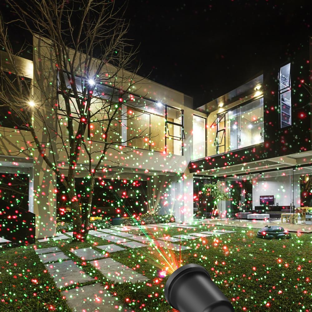 Christmas Laser Light Projector Red and Green Star Laser Lights Show with Timer for Outdoor Decorations Waterproof Landscape Lighting for Christmas and Holidays