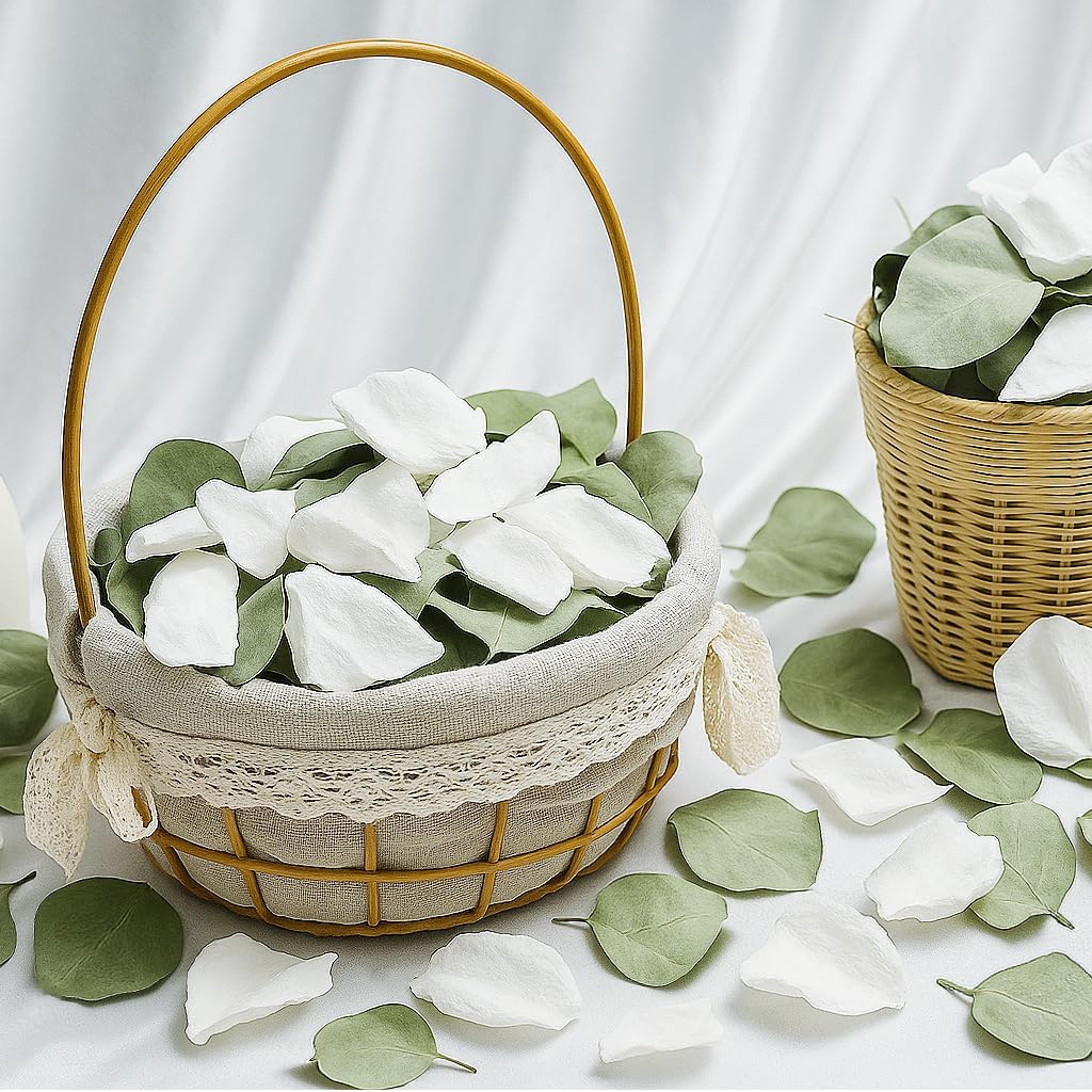 Real White Rose Petals & Natural Eucalyptus Leaves 2.12oz, Freeze Dried Flower Petals Confetti for Wedding Flower Girl, Aisle Table Centerpieces Garden Cake Bridal Shower Decor