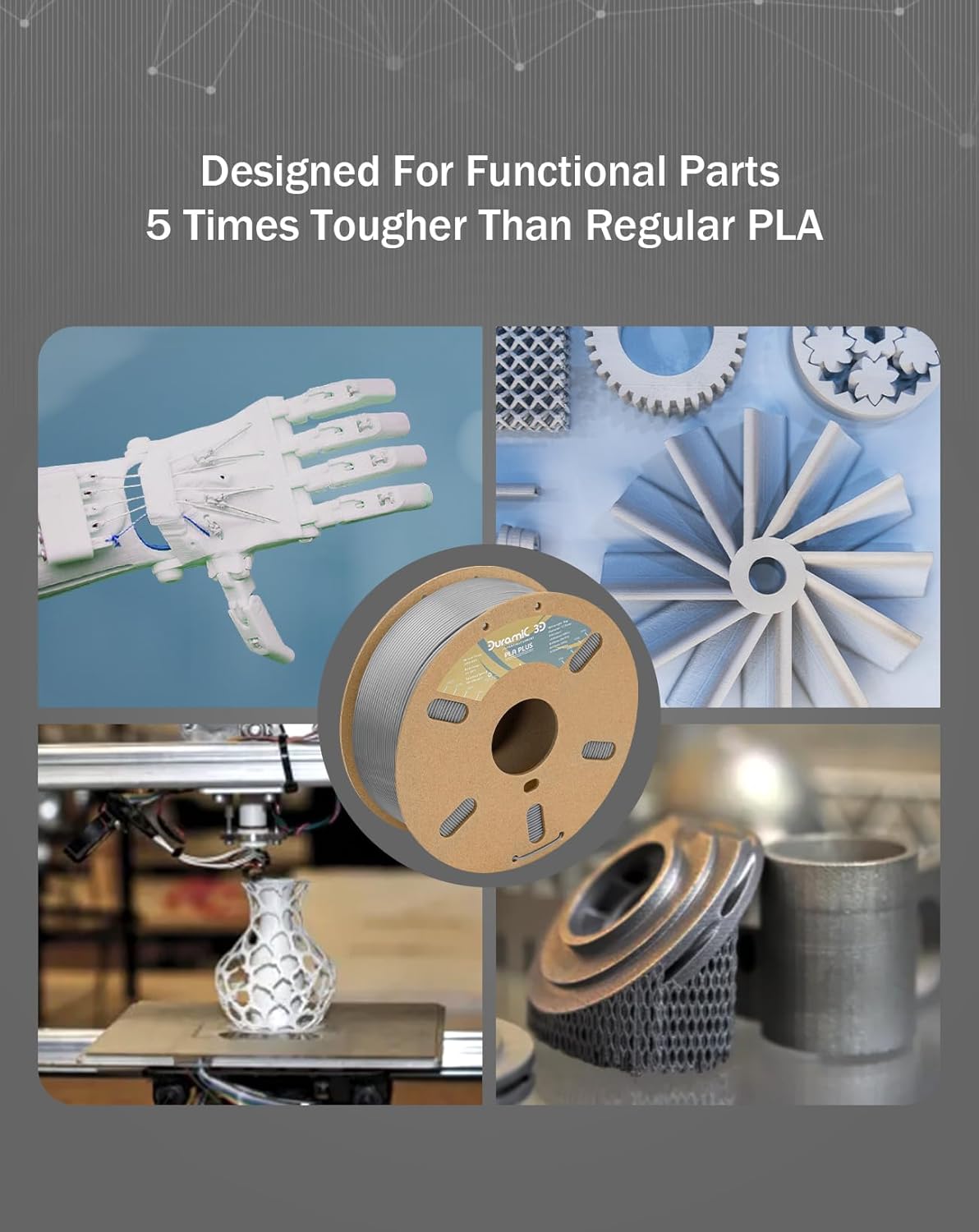 DURAMIC 3D PLA+ Filament 1.75mm 1Kg Gray, PLA Plus Filament 1Kg Spool(2.2lbs) Tougher and Stronger, Dimensional Accuracy Probability +/- 0.02mm