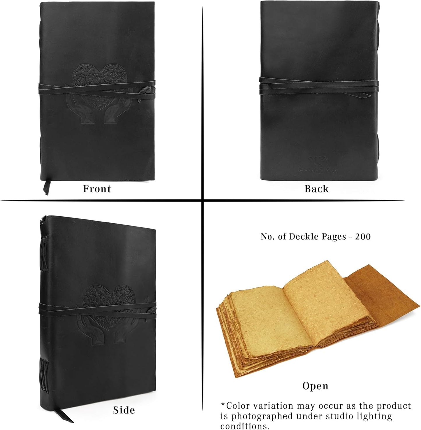 LUXEORIA Heart Journal for Women and Men, Handcrafted Leather Journal for Writing Womens, Sketchbook, Travel Diary with Unlined Deckle Paper, Black 8x13