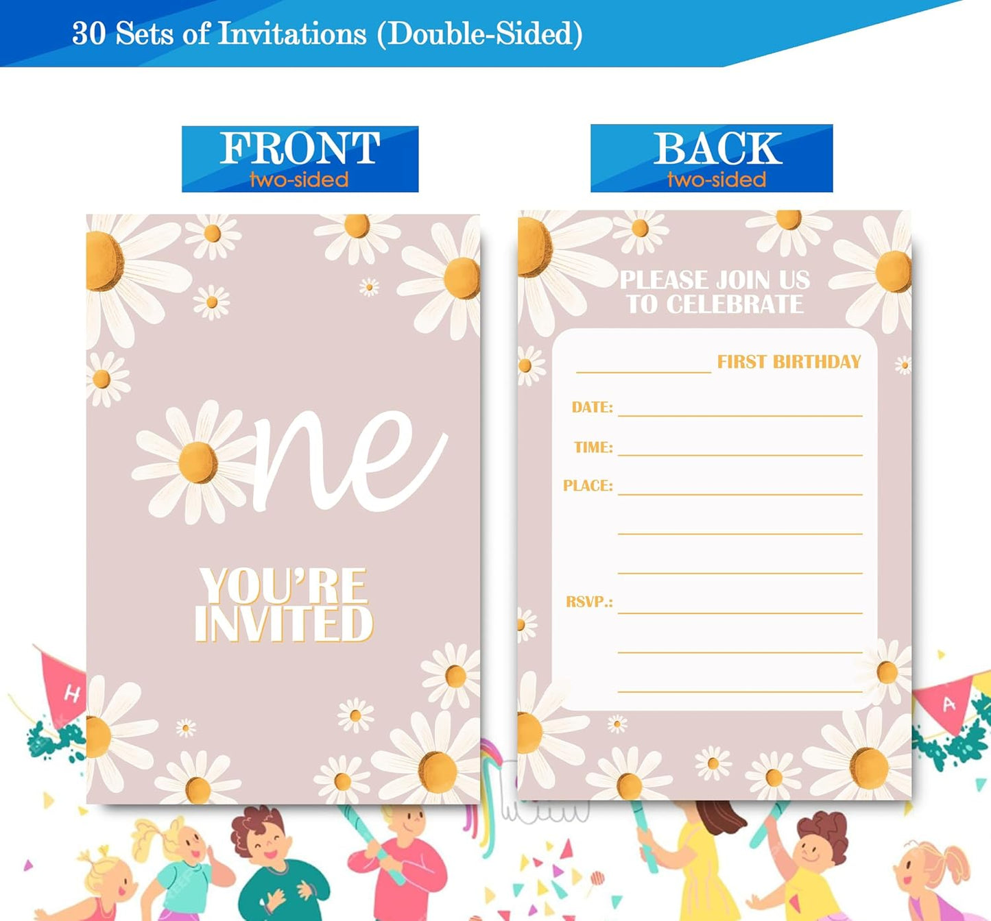 Daisy 1st Birthday Invitations for Girls, Daisy One Birthday Party Invitaions for Party Invites, 4x6 Inches, 30 Sets with Envelopes