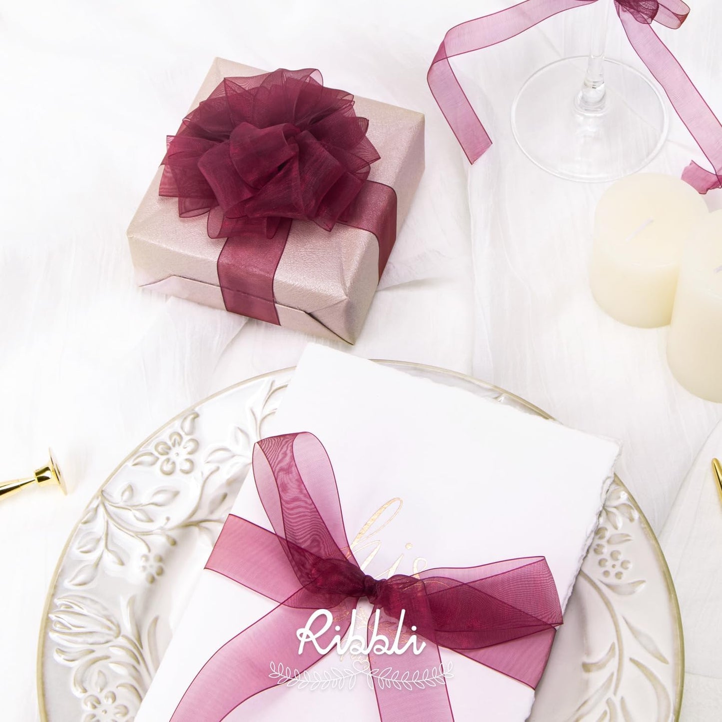 Ribbli Wine Red Organza Ribbon,1/2 Inches x Continuous 50 Yard,Wine Sheer Ribbon for Gift Wrapping,Cookie Wrapping,Wedding Decoration,All Crafting and Sewing