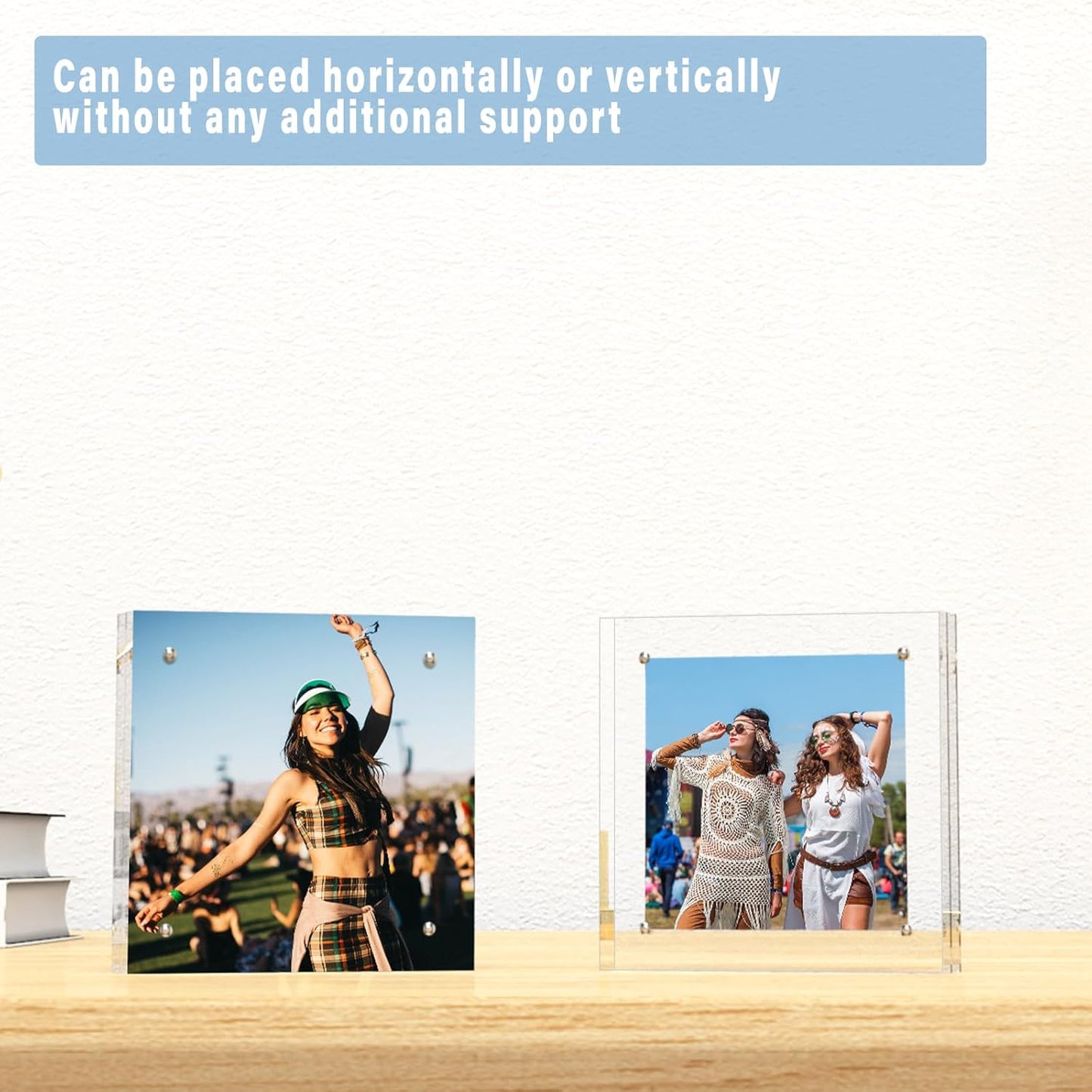 HELPLEX 5 Pack 8x8 Acrylic Picture Frames, 24mm Thicker Square Frameless Clear Frame Double Sided Magnetic Frame, Free Standing Desktop Display Stand