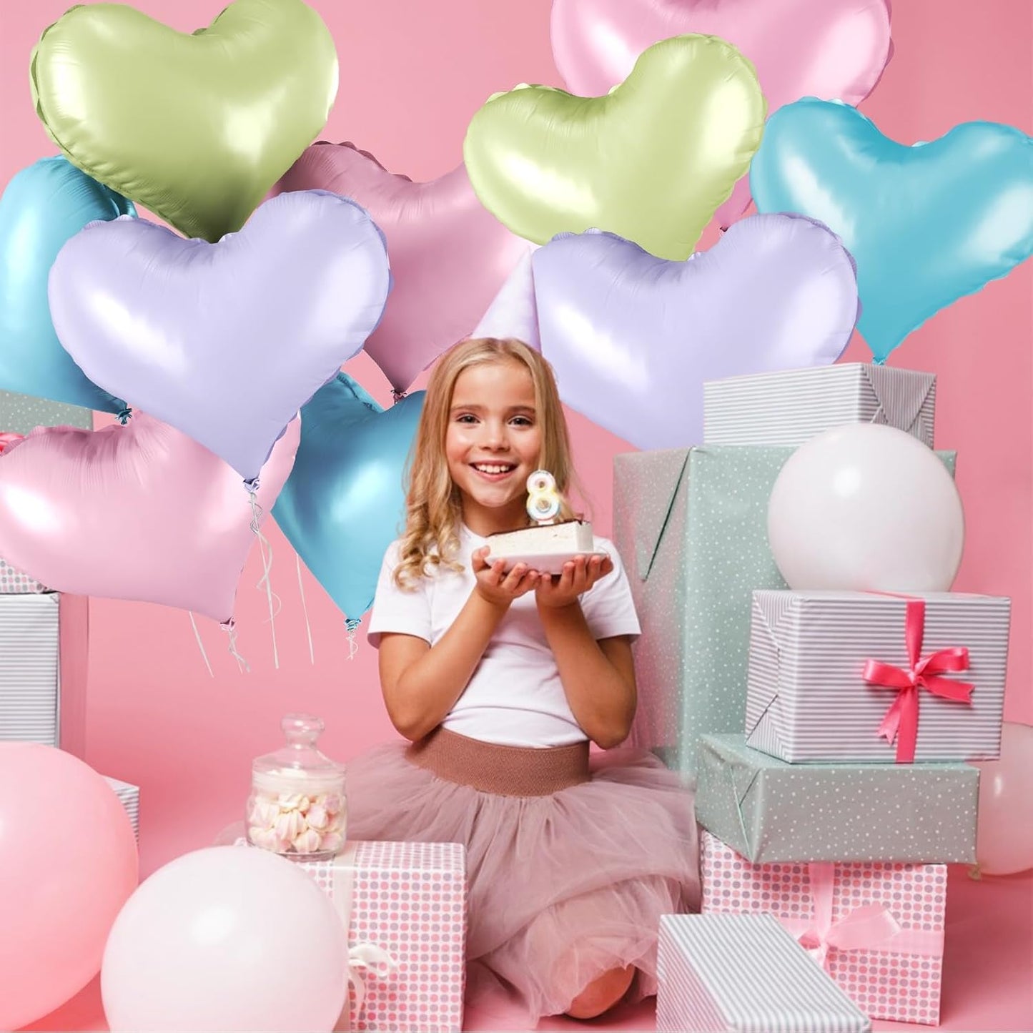 24 Inch Pastel Colorful Heart Balloons, Light Pink Blue Green Purple Balloons, Romantic Helium Balloon for Valentines Day Baby Bridal Shower Wedding Birthday Party Decorations