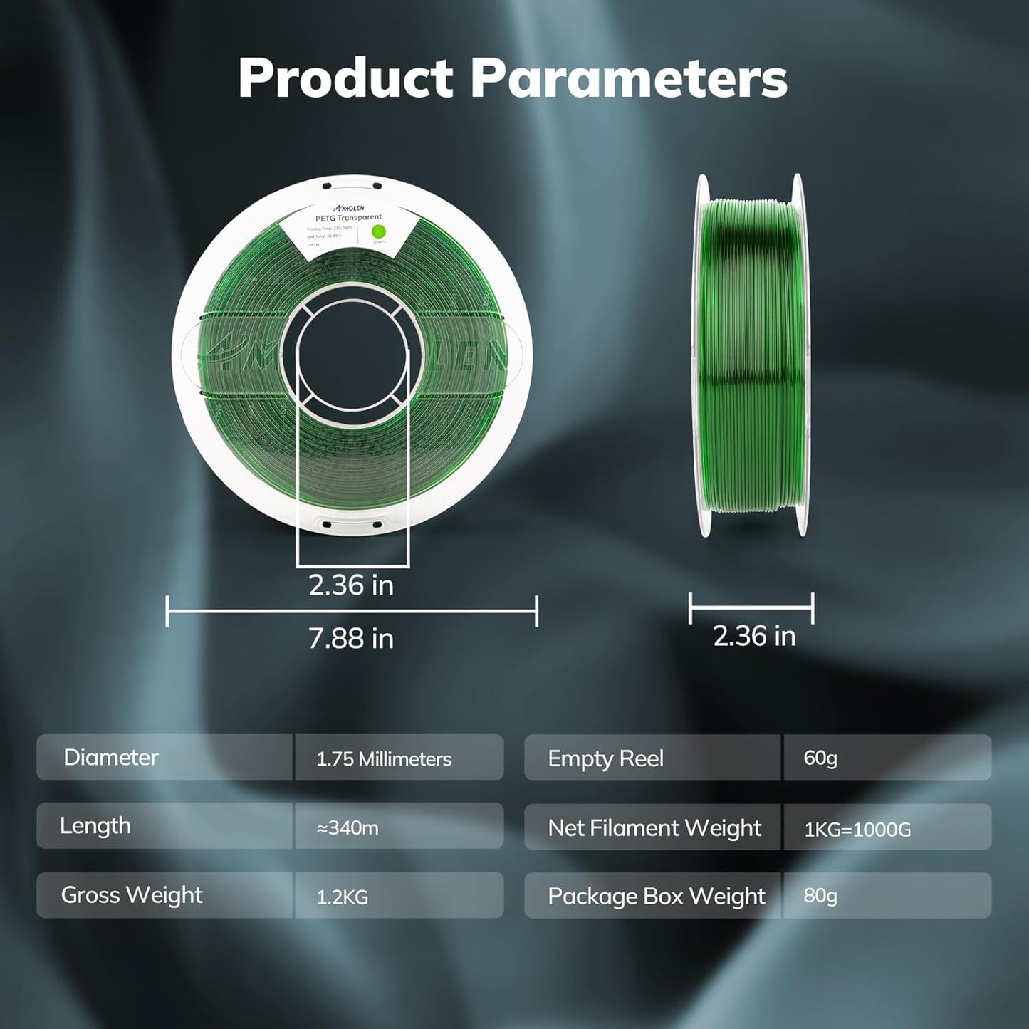 AMOLEN Rapid PETG Transparent 3D Printer Filament 1.75mm +/-0.02mm,500mm/s High Speed Strong Toughness Green 1KG/2.2lb