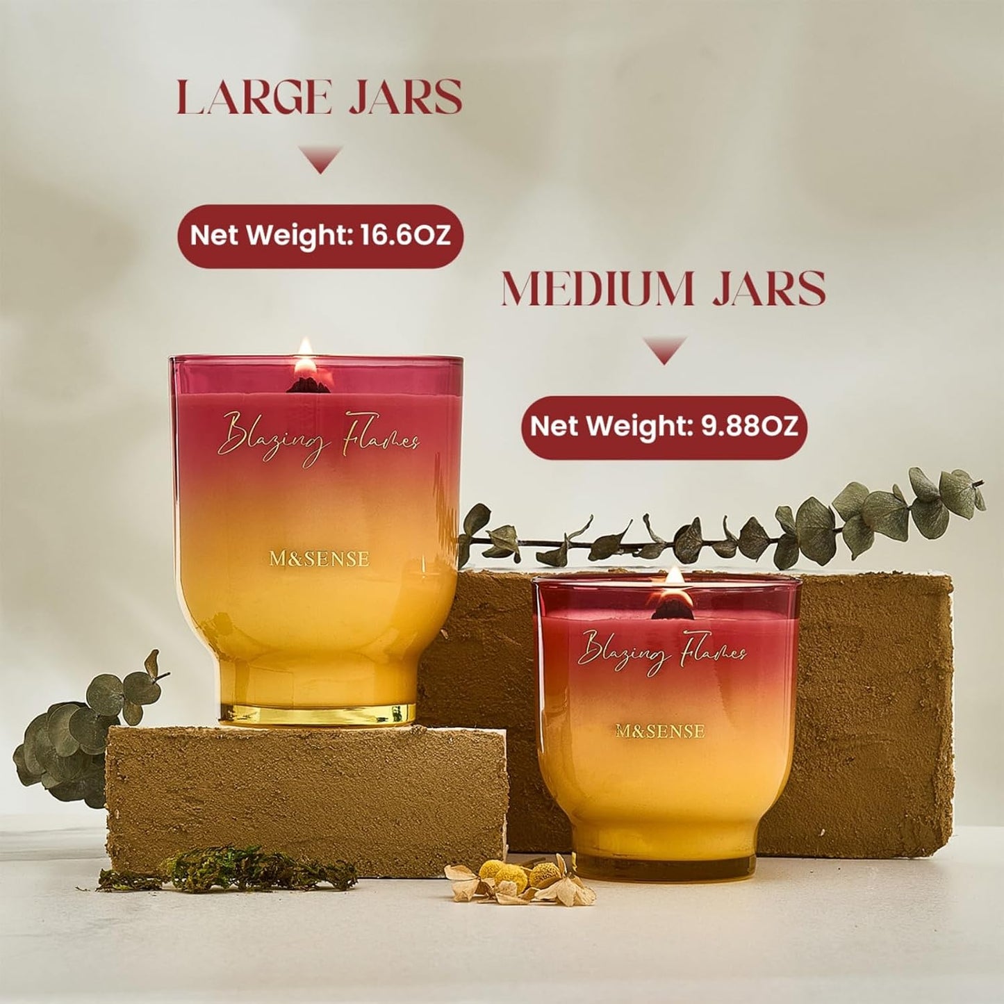 M&SENSE 16.6oz Natural Soy Large Jar Candle with Wooden Wick | Blazing Flames Scent | 95-Hour Burn & Long-Lasting Burn | Housewarming Gift for Men and Women